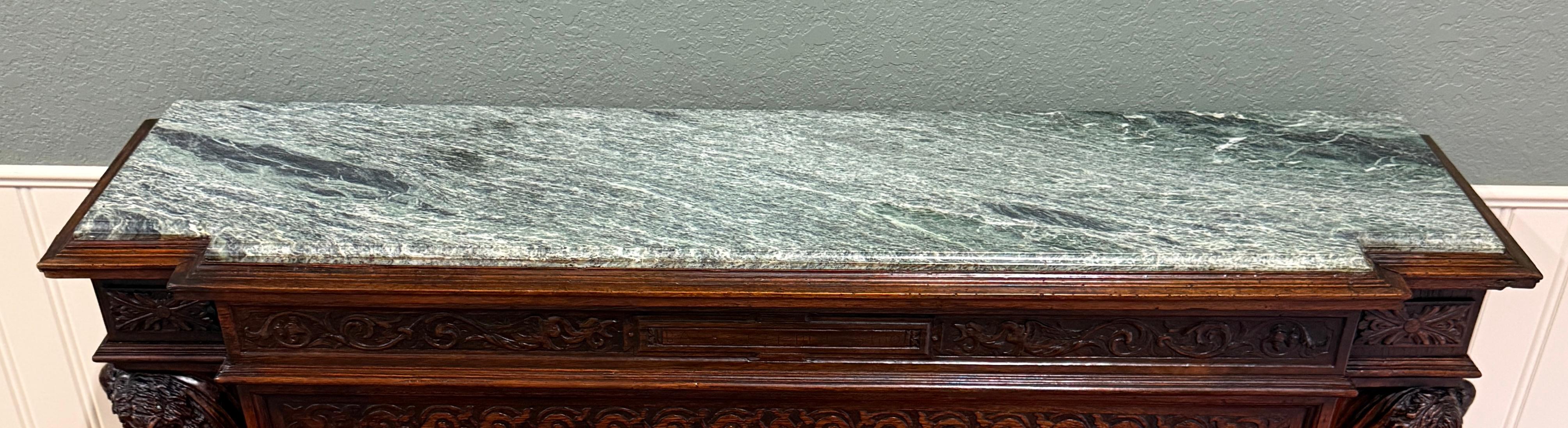 Antique French Mantel Surround Marble Top Renaissance Revival Oak 19C in vendita 2