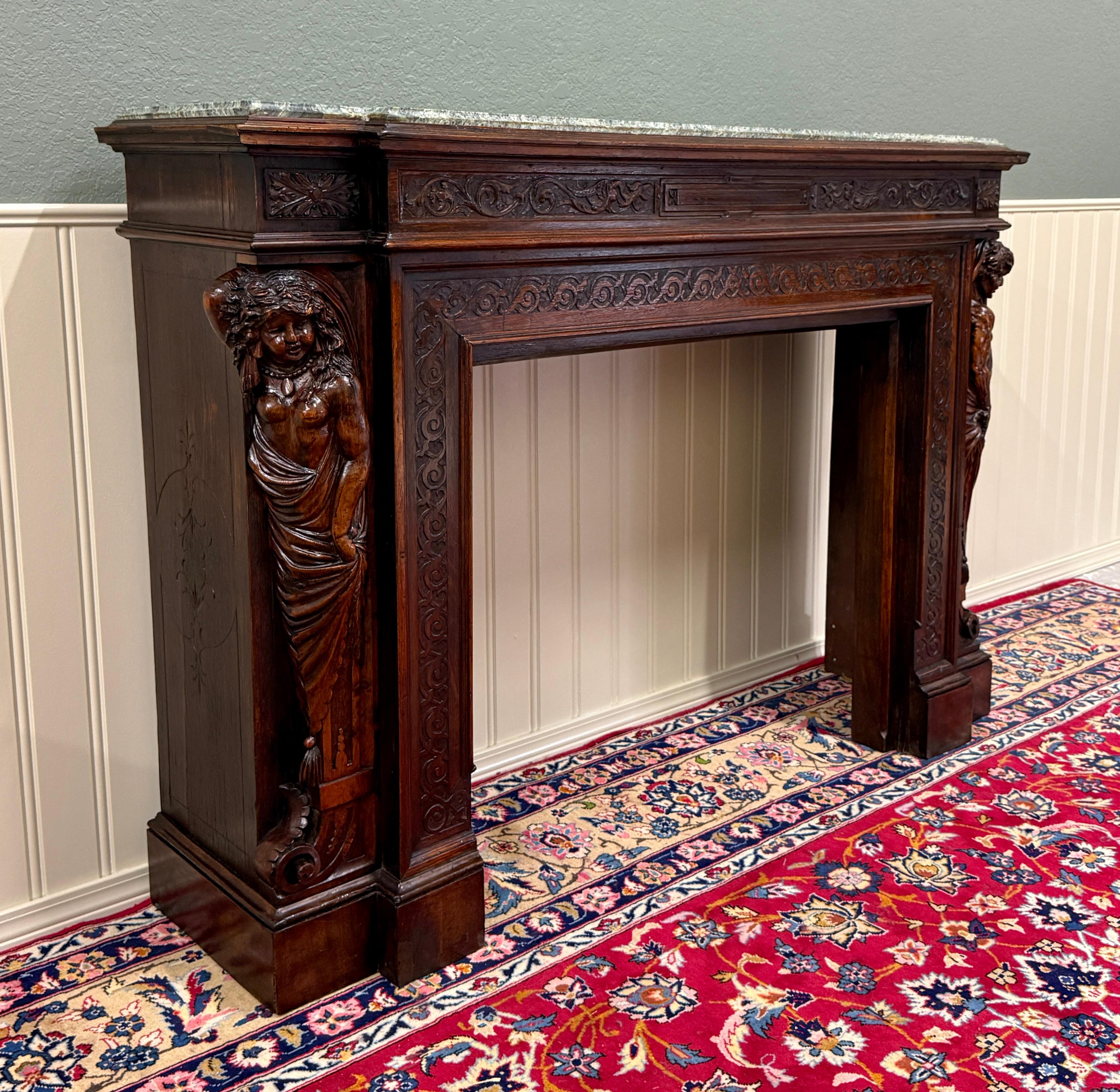 Antique French Mantel Surround Marble Top Renaissance Revival Oak 19C in vendita 3