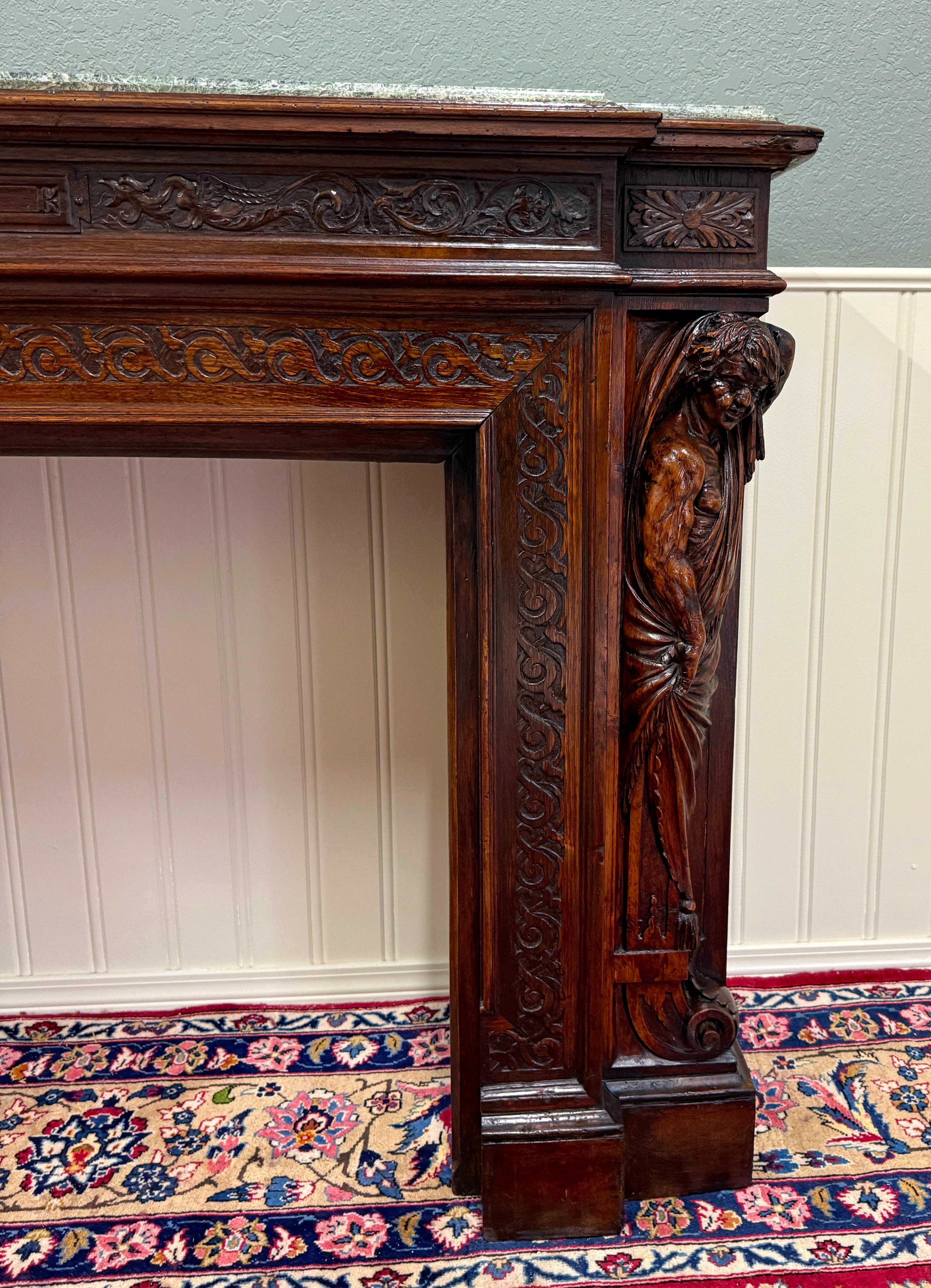Antique French Mantel Surround Marble Top Renaissance Revival Oak 19C in vendita 5