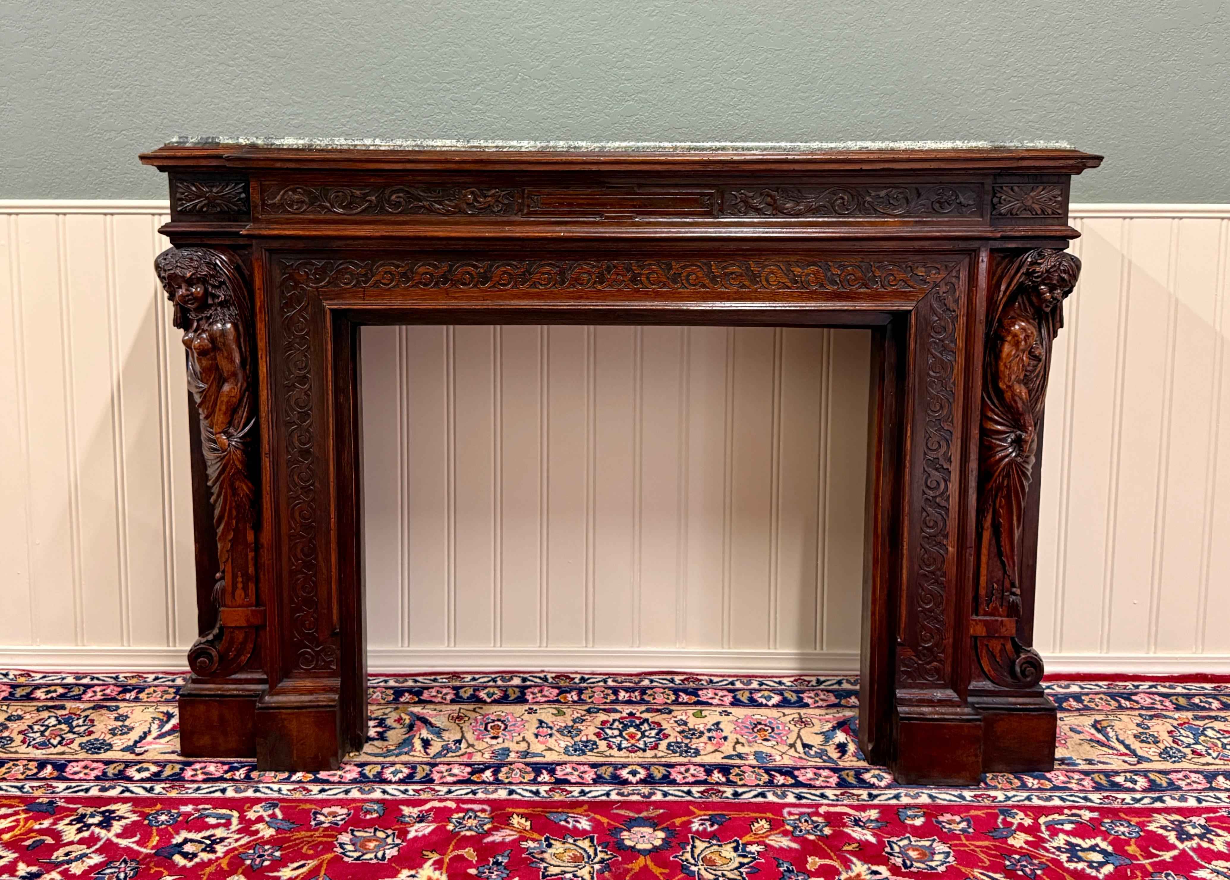 Antique French Mantel Surround Marble Top Renaissance Revival Oak 19C in vendita 6