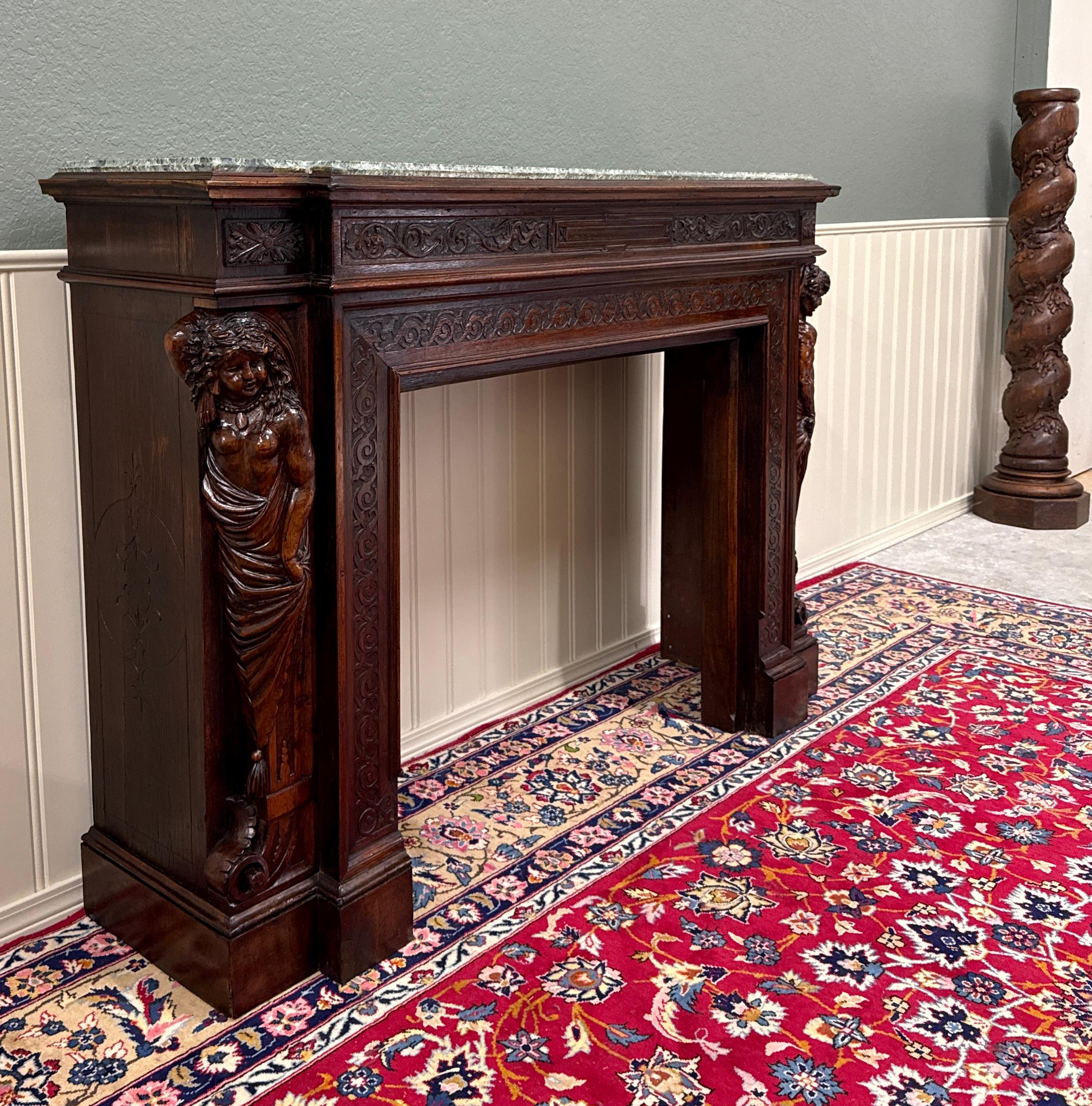 Antique French Mantel Surround Marble Top Renaissance Revival Oak 19C in vendita 7