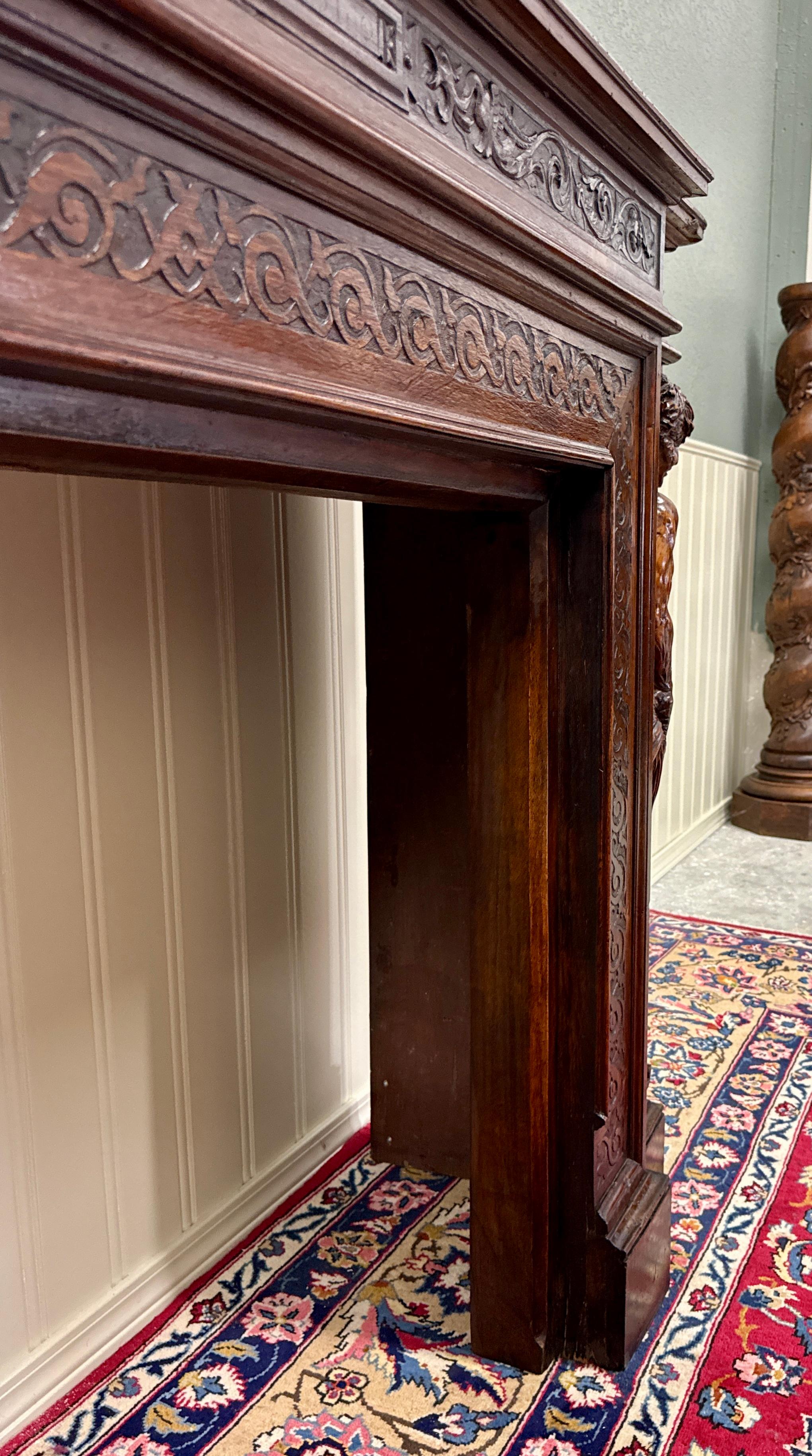 Antique French Mantel Surround Marble Top Renaissance Revival Oak 19C in vendita 8