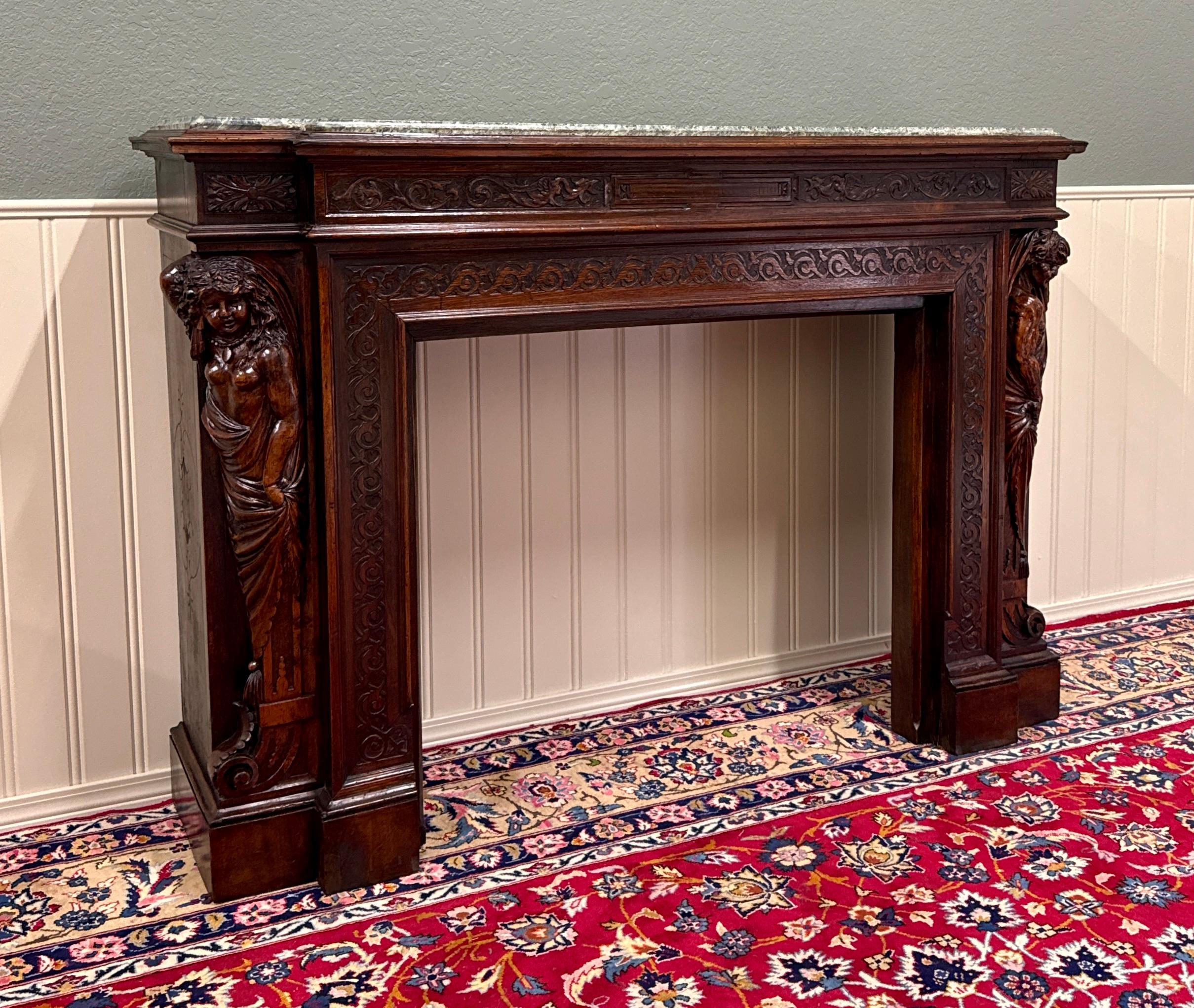Antique French Mantel Surround Marble Top Renaissance Revival Oak 19C in vendita 9
