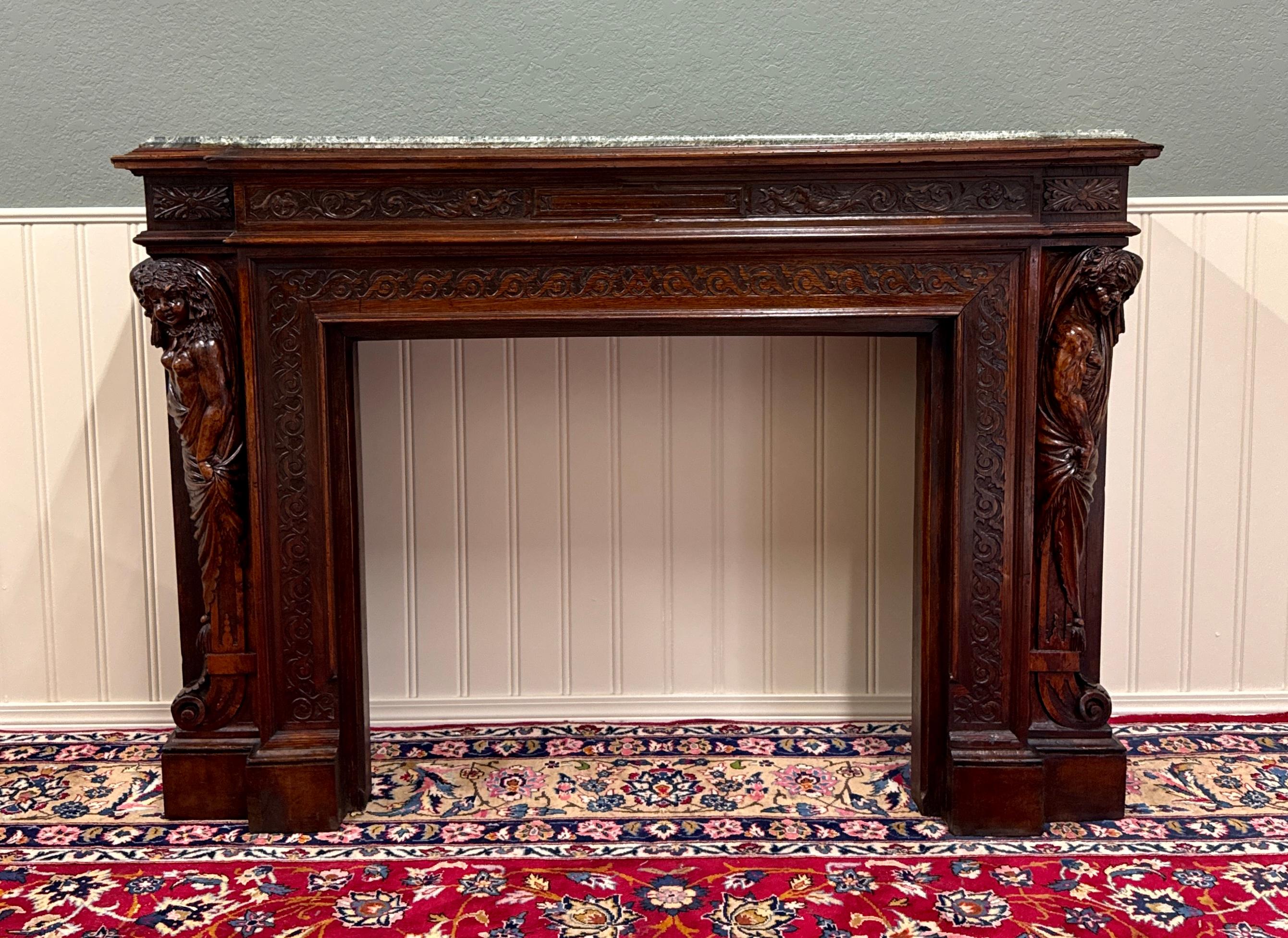 Antique French Mantel Surround Marble Top Renaissance Revival Oak 19C in vendita 10