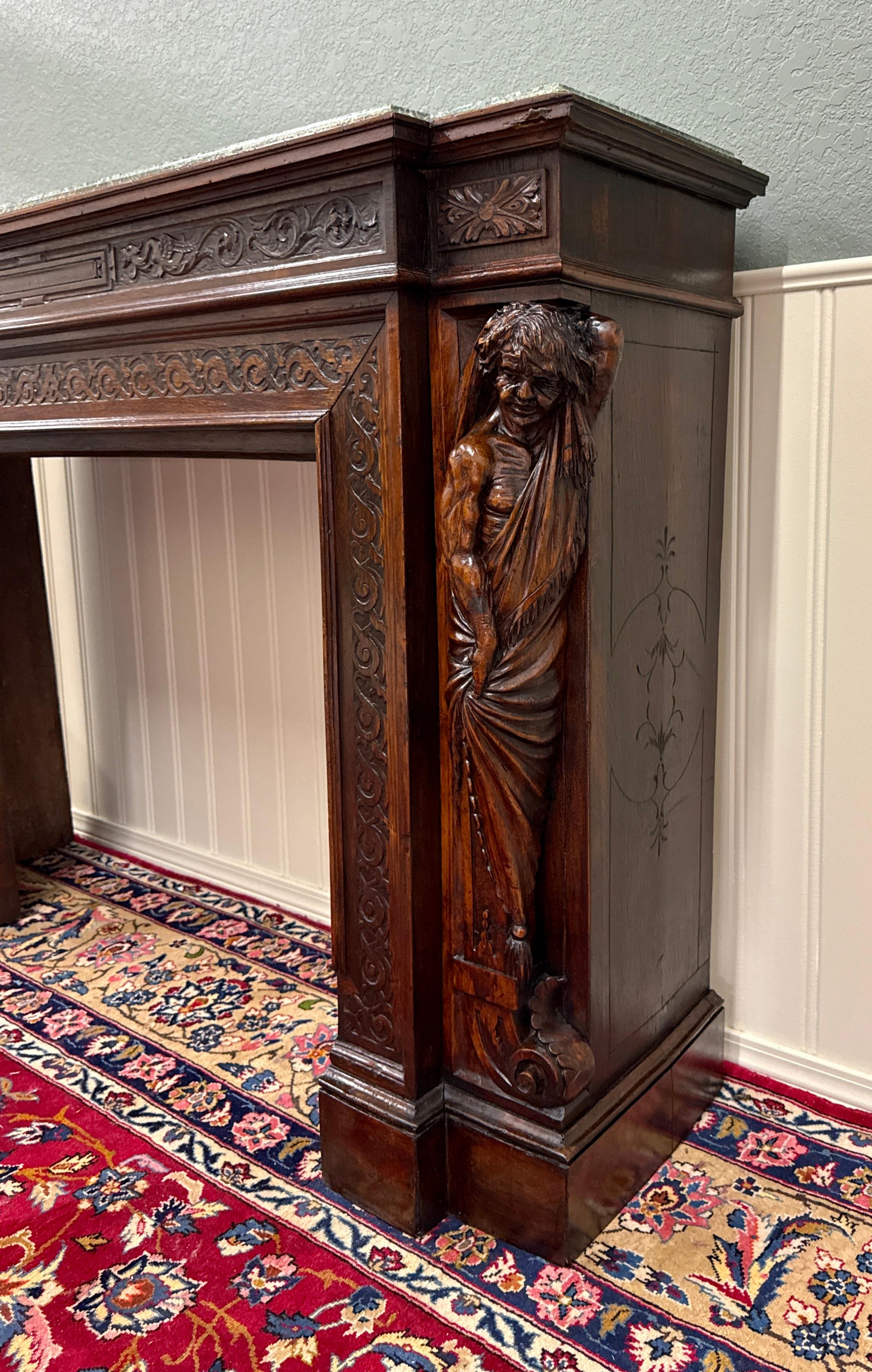 Antique French Mantel Surround Marble Top Renaissance Revival Oak 19C in vendita 11