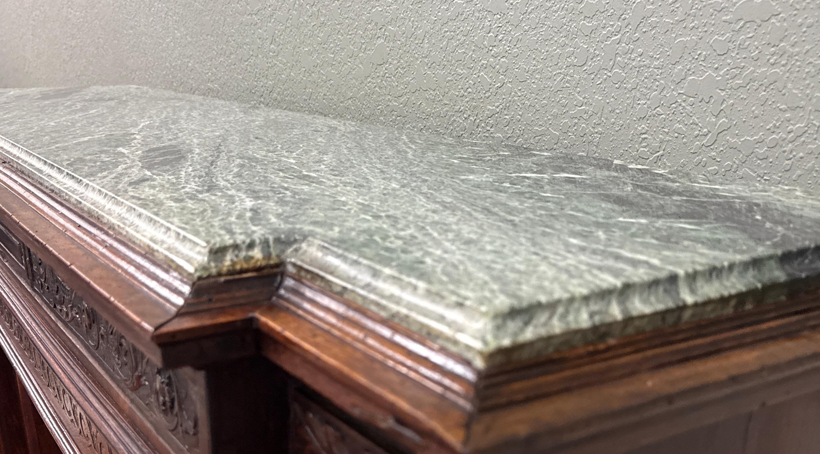 Antique French Mantel Surround Marble Top Renaissance Revival Oak 19C in vendita 12