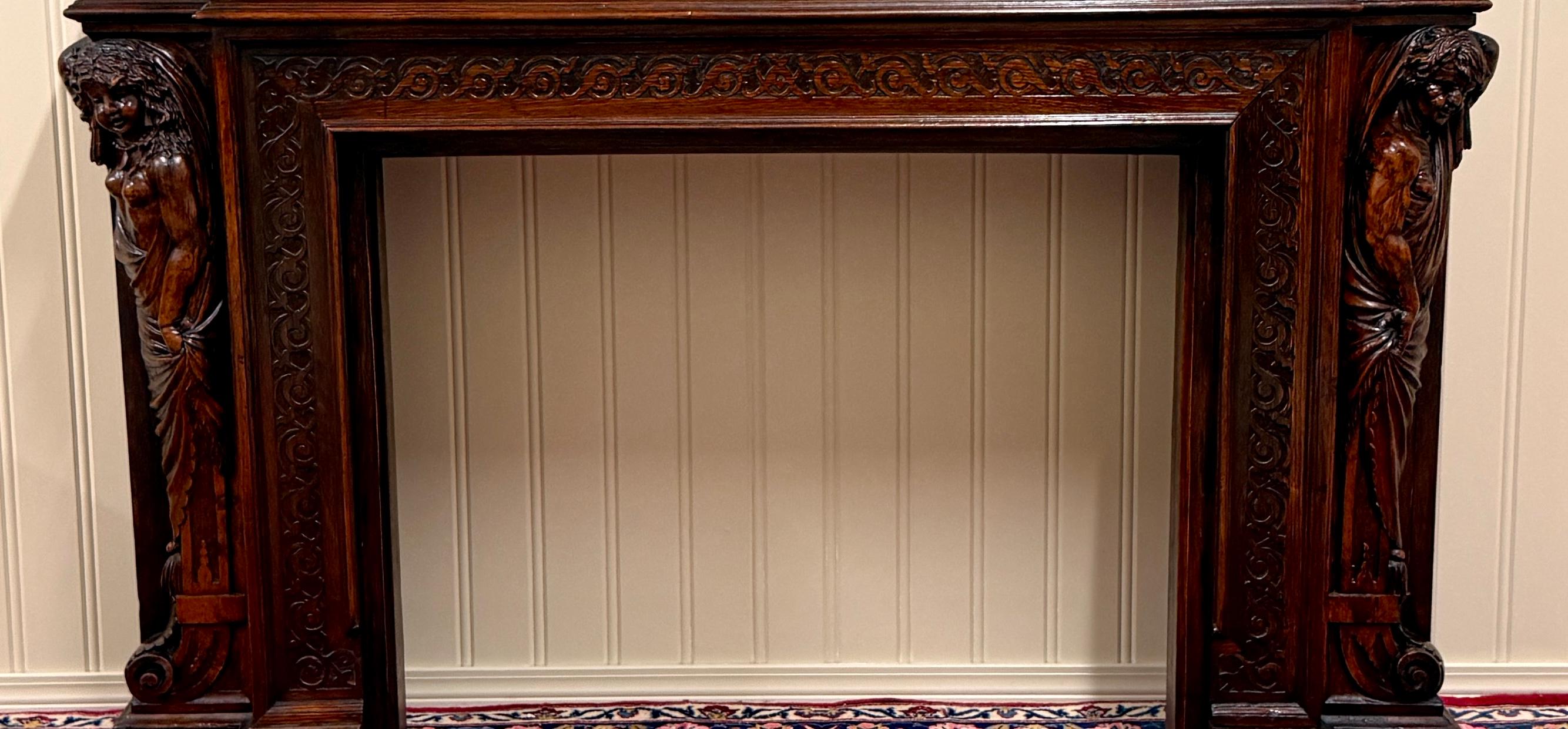 Neorinascimentale Antique French Mantel Surround Marble Top Renaissance Revival Oak 19C in vendita