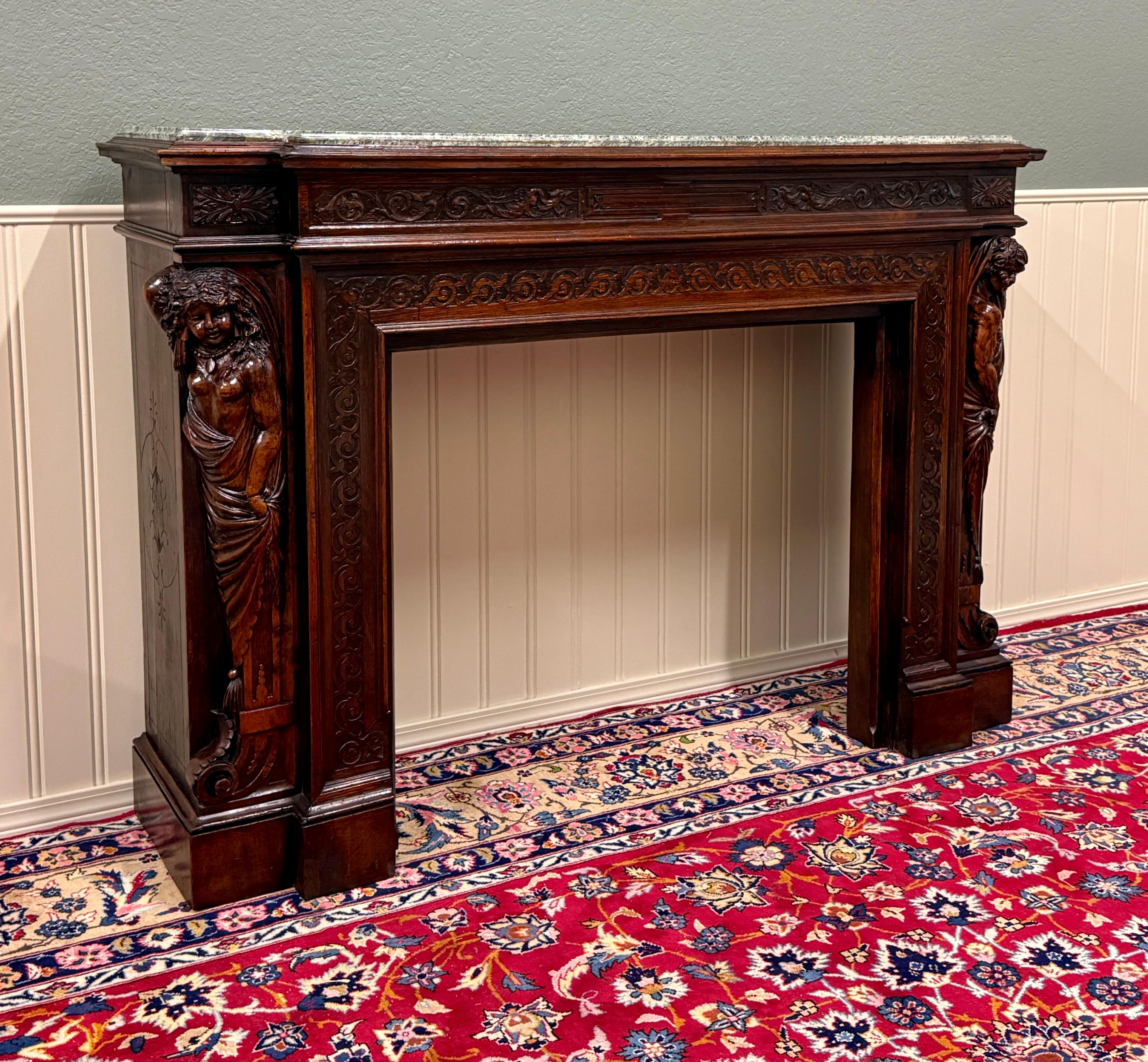 Francese Antique French Mantel Surround Marble Top Renaissance Revival Oak 19C in vendita