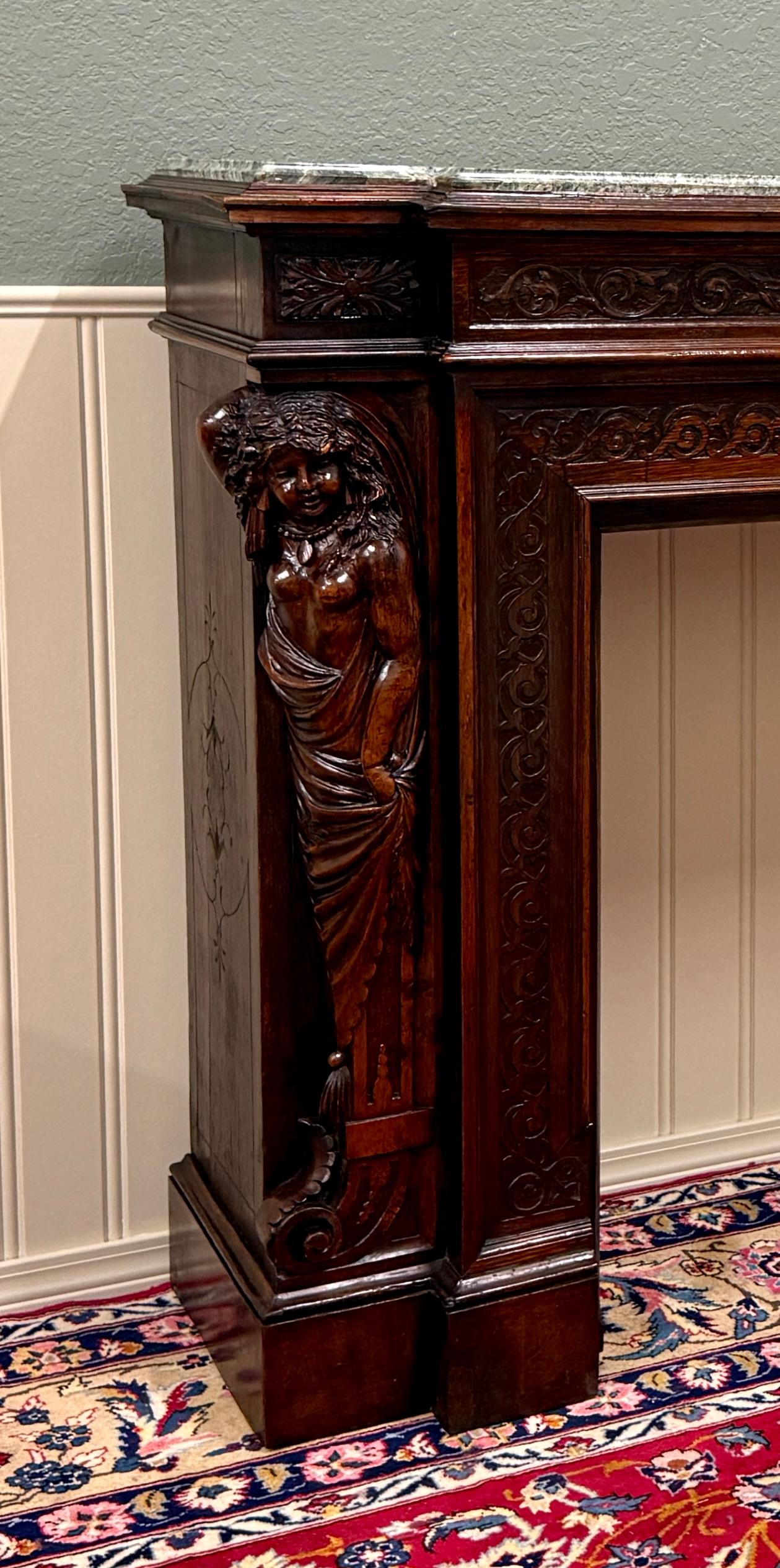Intagliato Antique French Mantel Surround Marble Top Renaissance Revival Oak 19C in vendita