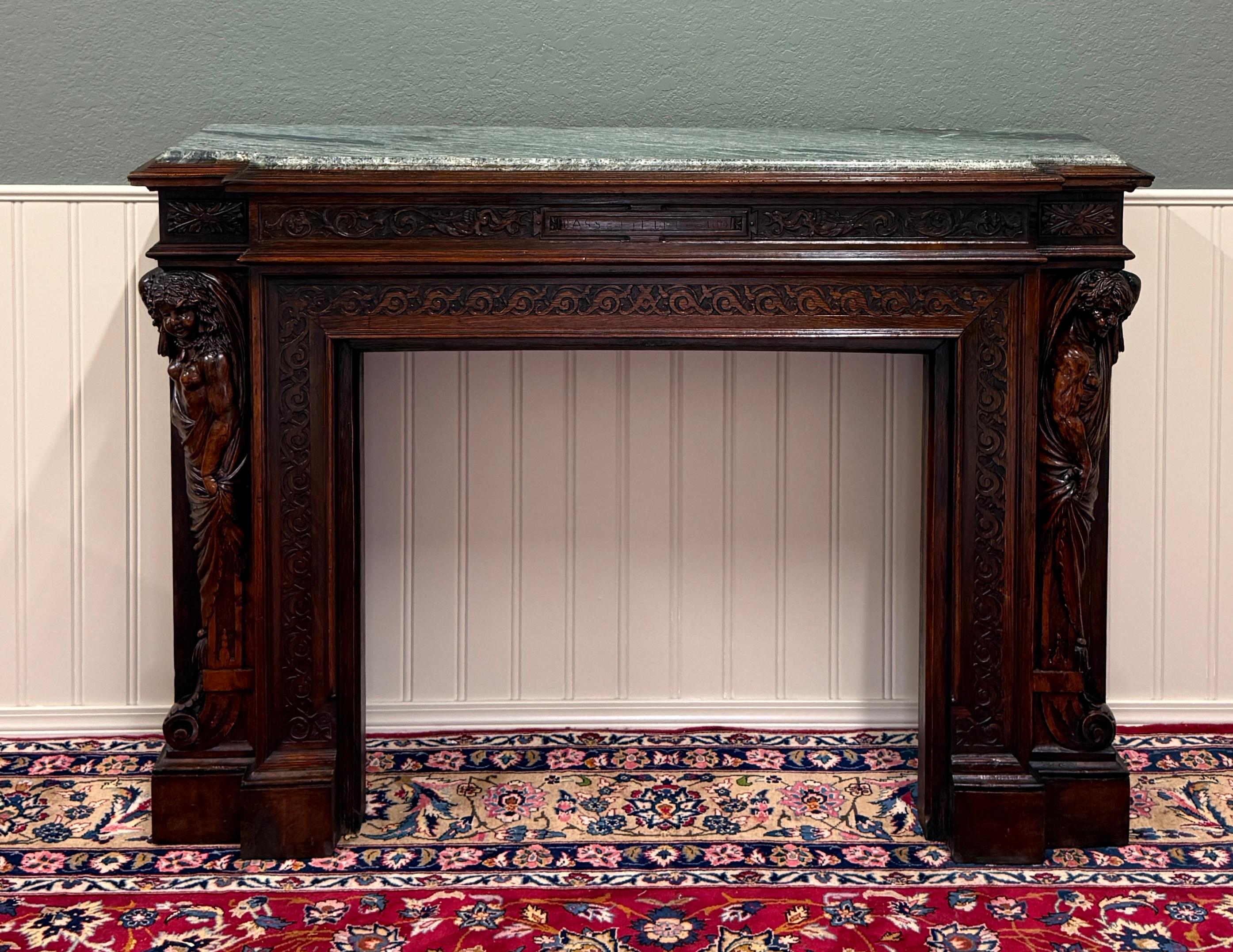 Antique French Mantel Surround Marble Top Renaissance Revival Oak 19C In condizioni buone in vendita a Tyler, TX
