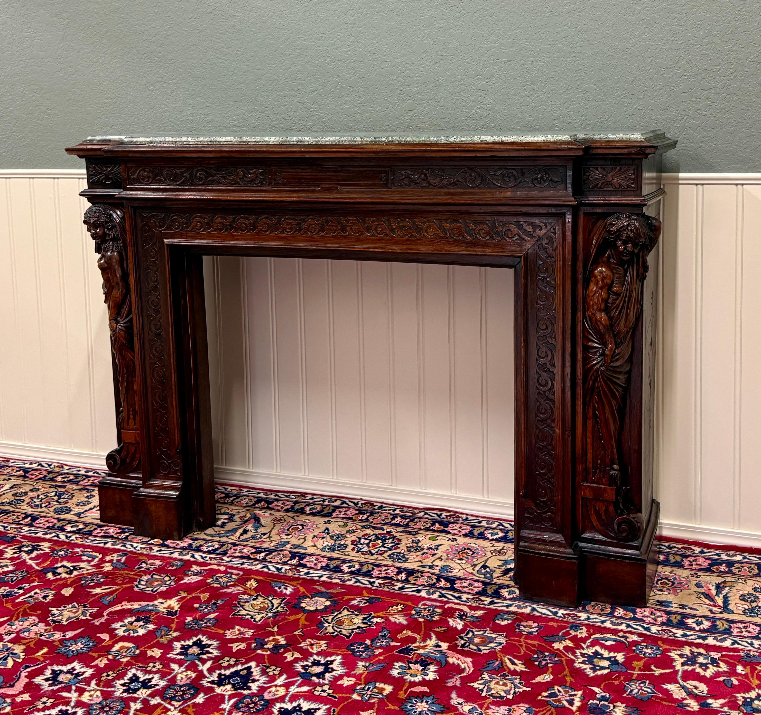XIX secolo Antique French Mantel Surround Marble Top Renaissance Revival Oak 19C in vendita
