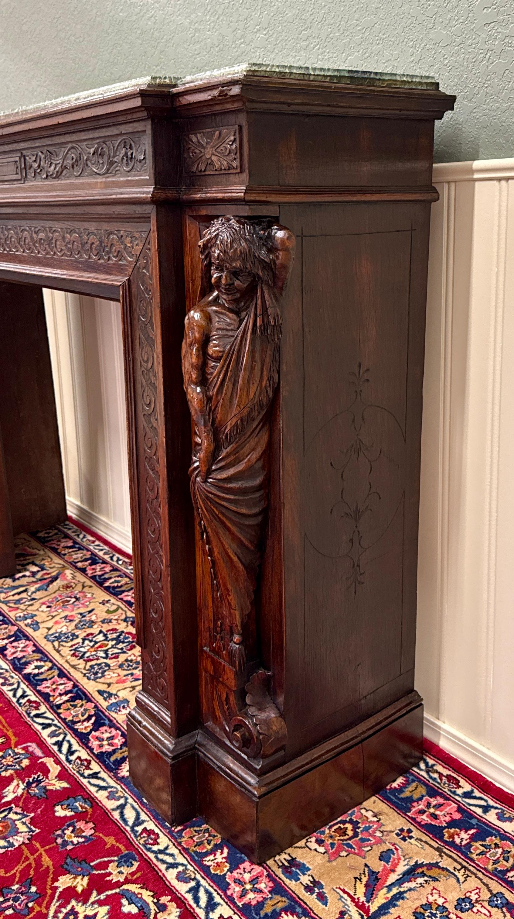Quercia Antique French Mantel Surround Marble Top Renaissance Revival Oak 19C in vendita