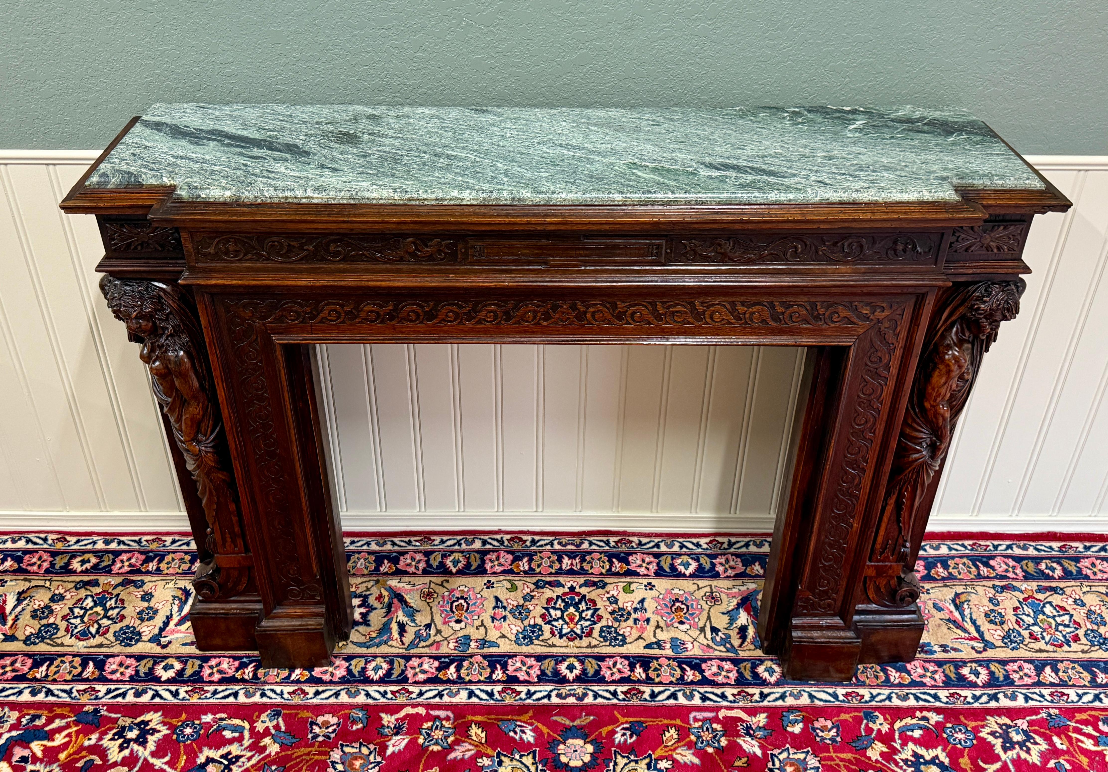 Antique French Mantel Surround Marble Top Renaissance Revival Oak 19C in vendita 1