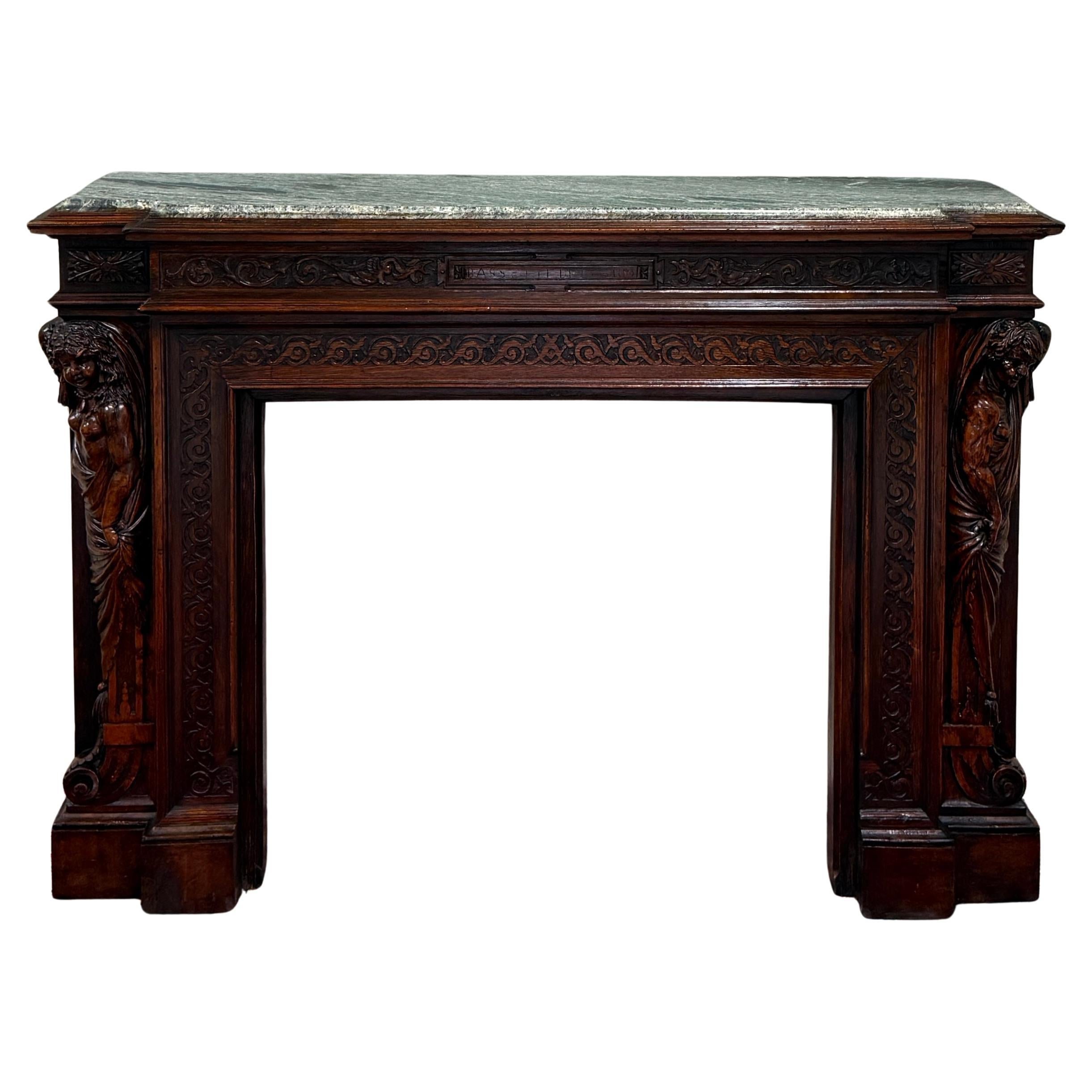 Antique French Mantel Surround Marble Top Renaissance Revival Oak 19C in vendita