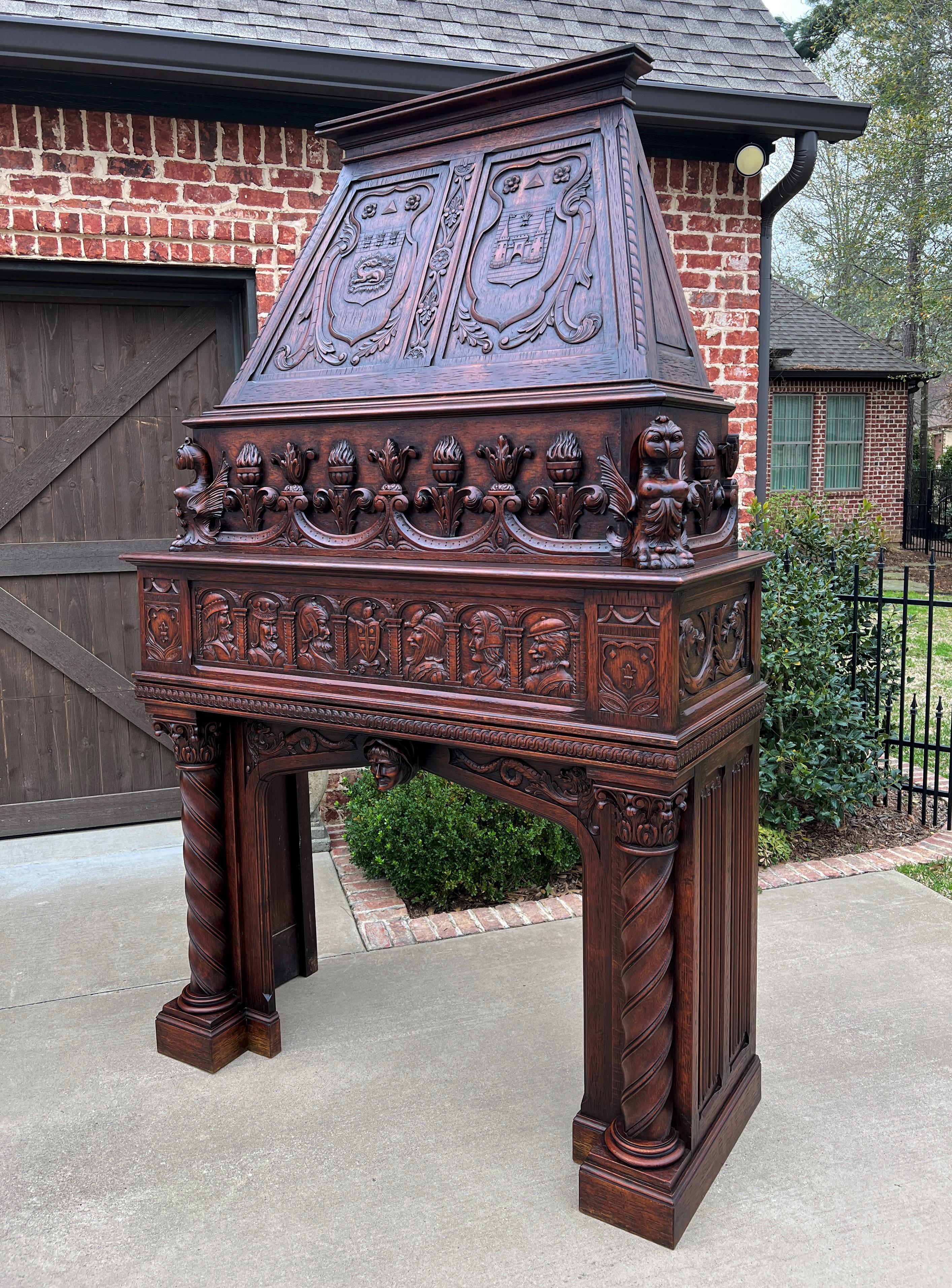 Renaissance Revival Antique French Fireplace Mantel Surround with Hood Oak Barley Twist Renaissance