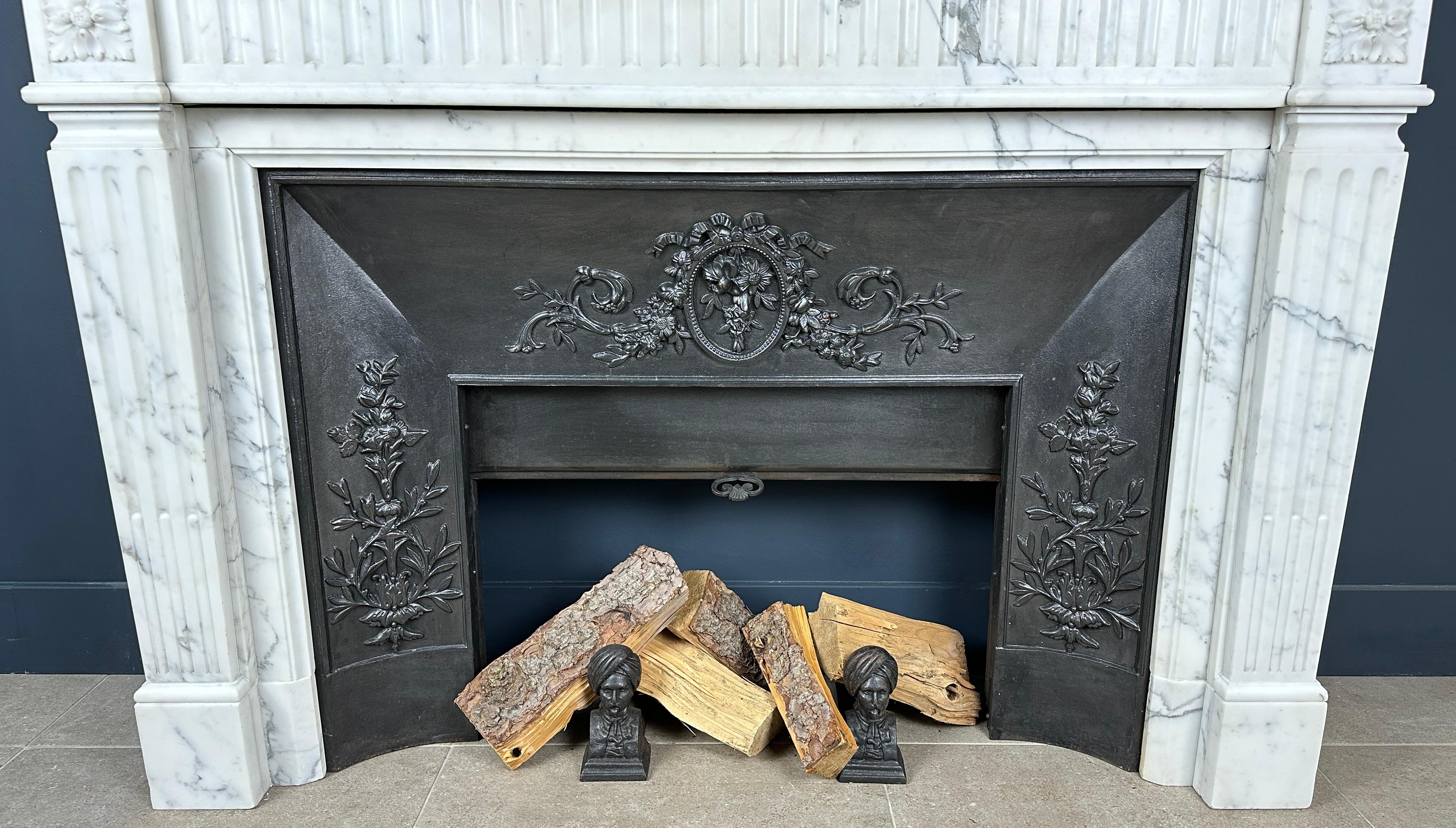 Antique French Fireplace of Carrara Marble with Steel Inset included For Sale 6