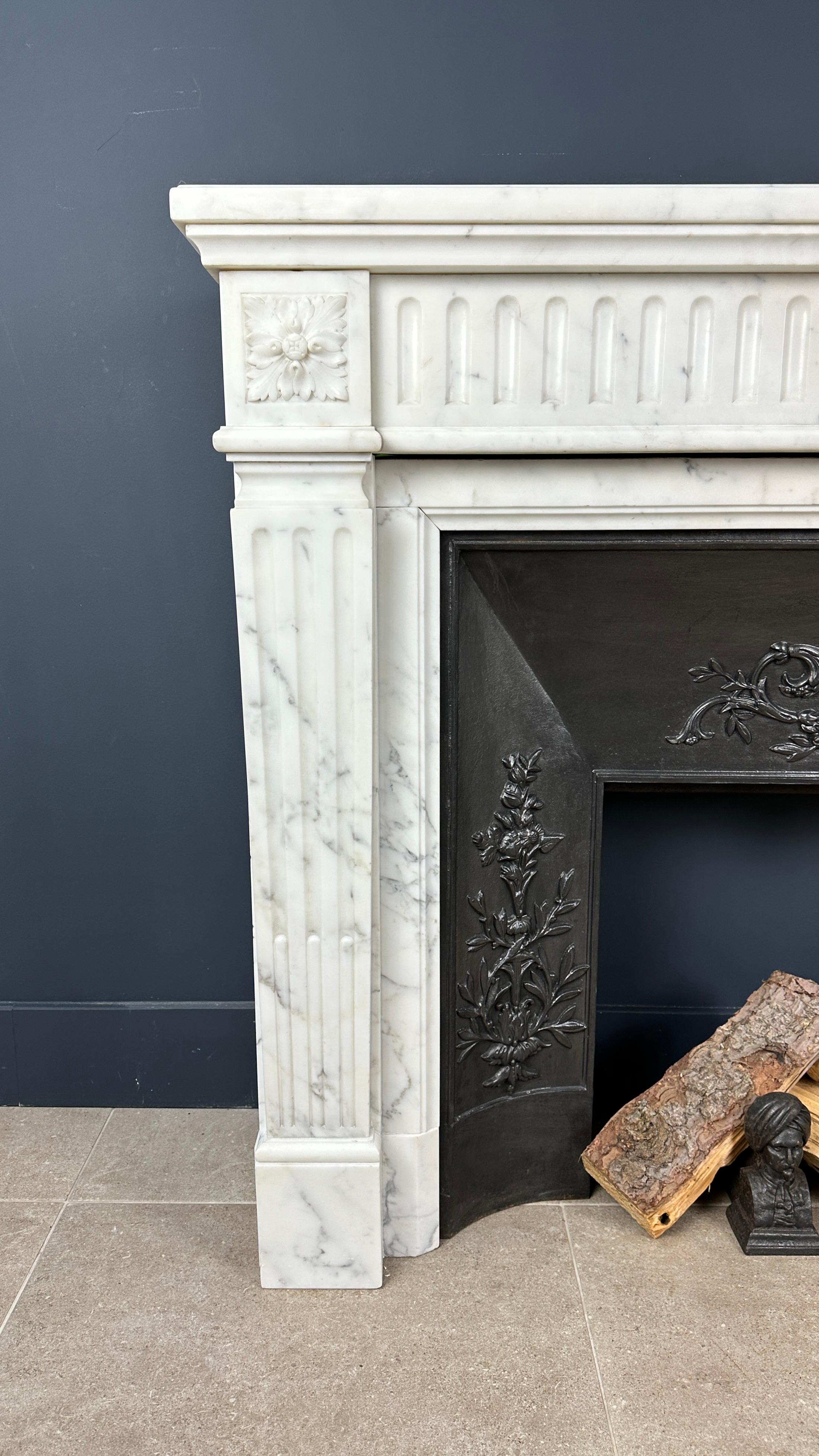 19th Century Antique French Fireplace of Carrara Marble with Steel Inset included For Sale