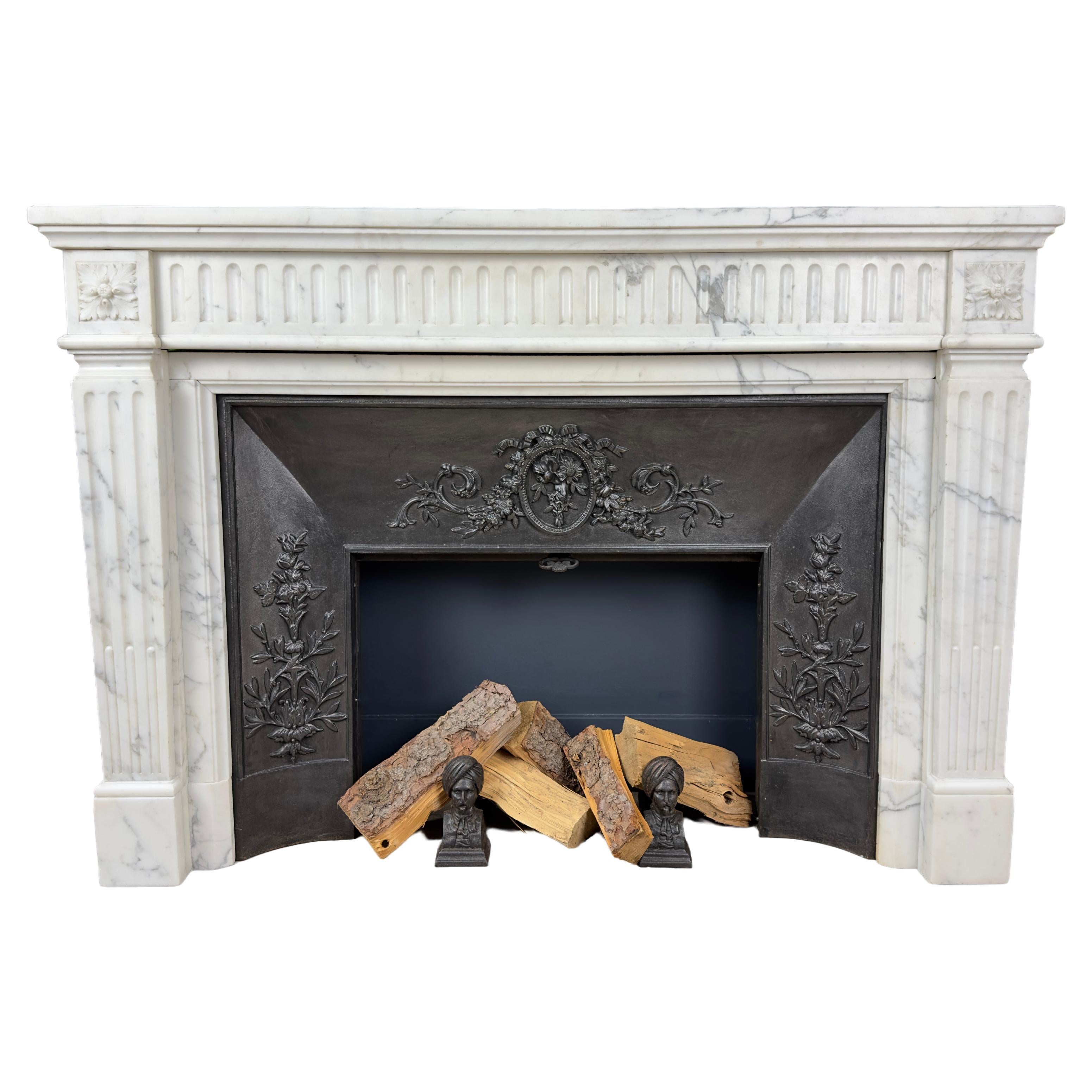 Antique French Fireplace of Carrara Marble with Steel Inset included For Sale