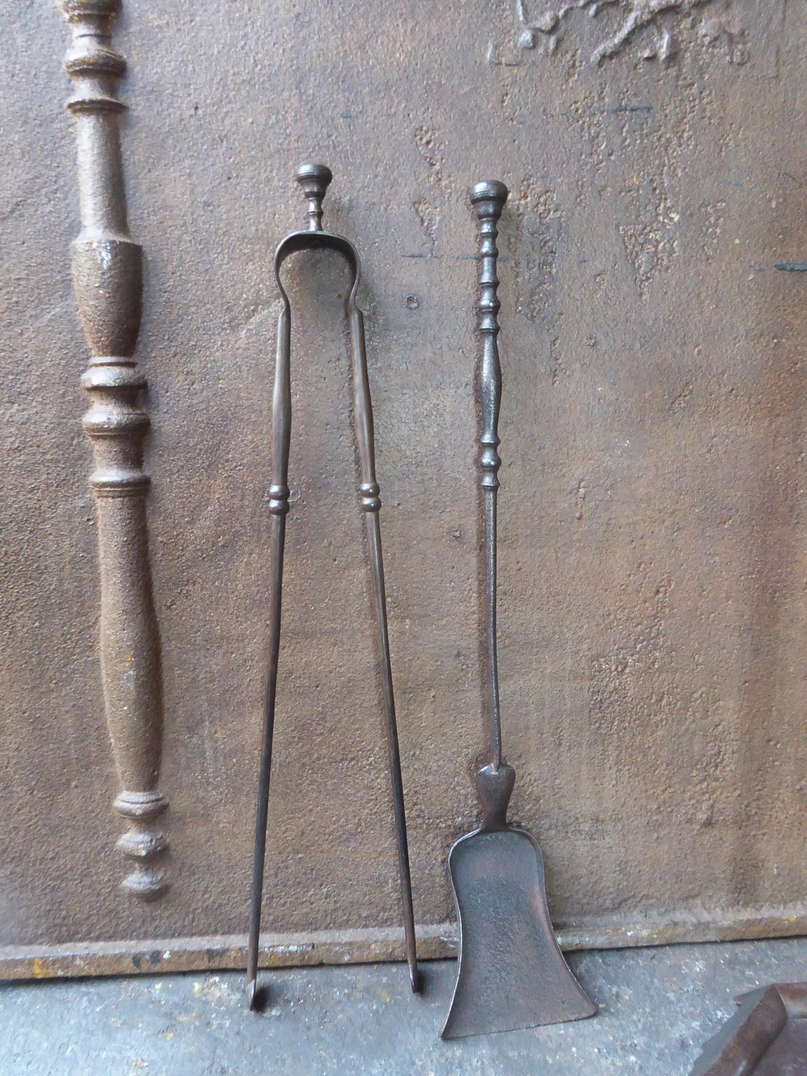 Forged Antique French Fireplace Tools or Fire Tools, 19th Century