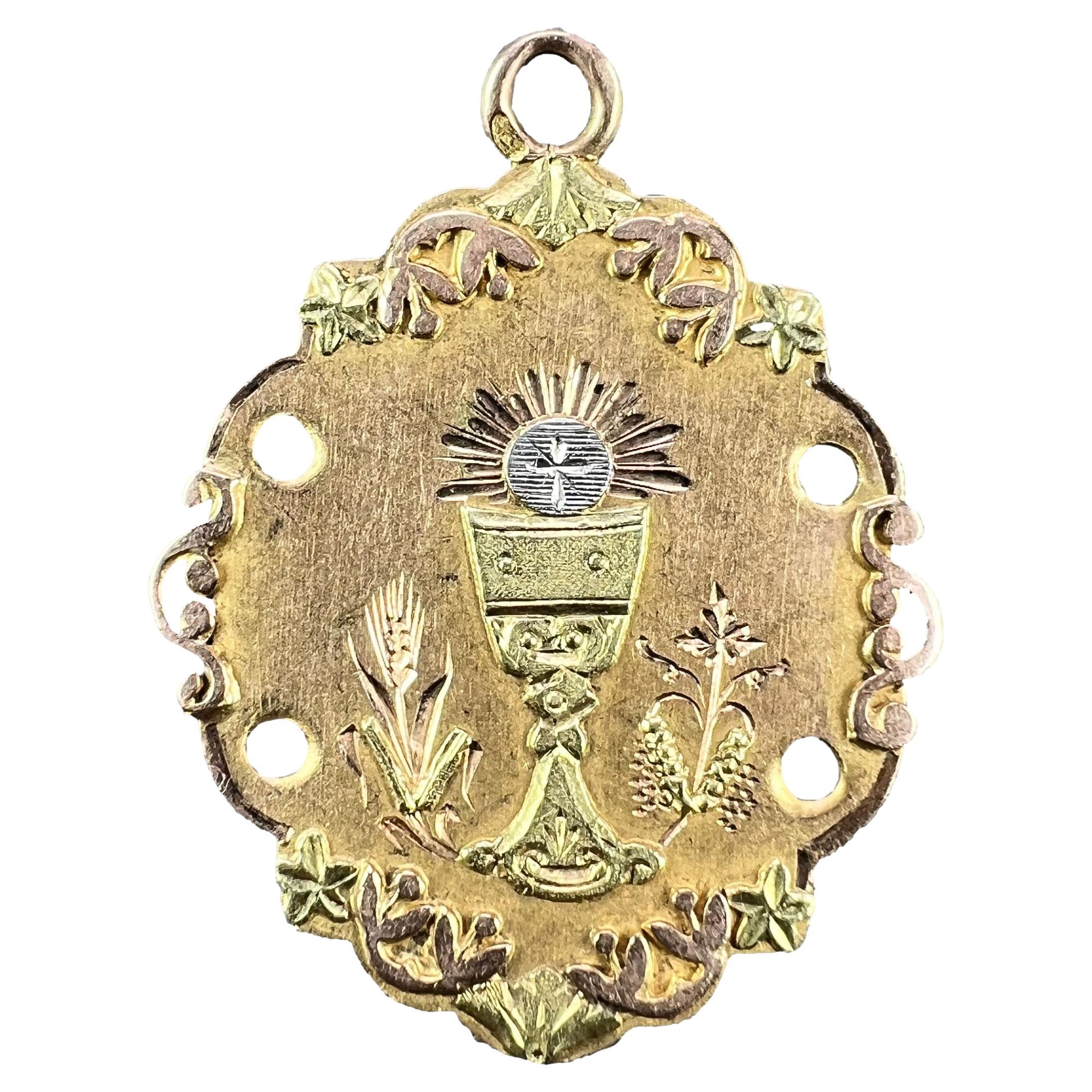 Antique French First Communion Chalice 18K Yellow Rose White Gold Charm Pendant