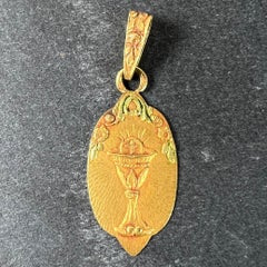 Antique French First Communion Chalice Floral 18K Yellow Gold Charm Pendant