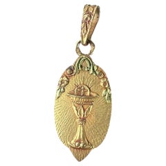 Antique French First Communion Chalice Floral 18K Yellow Gold Charm Pendant