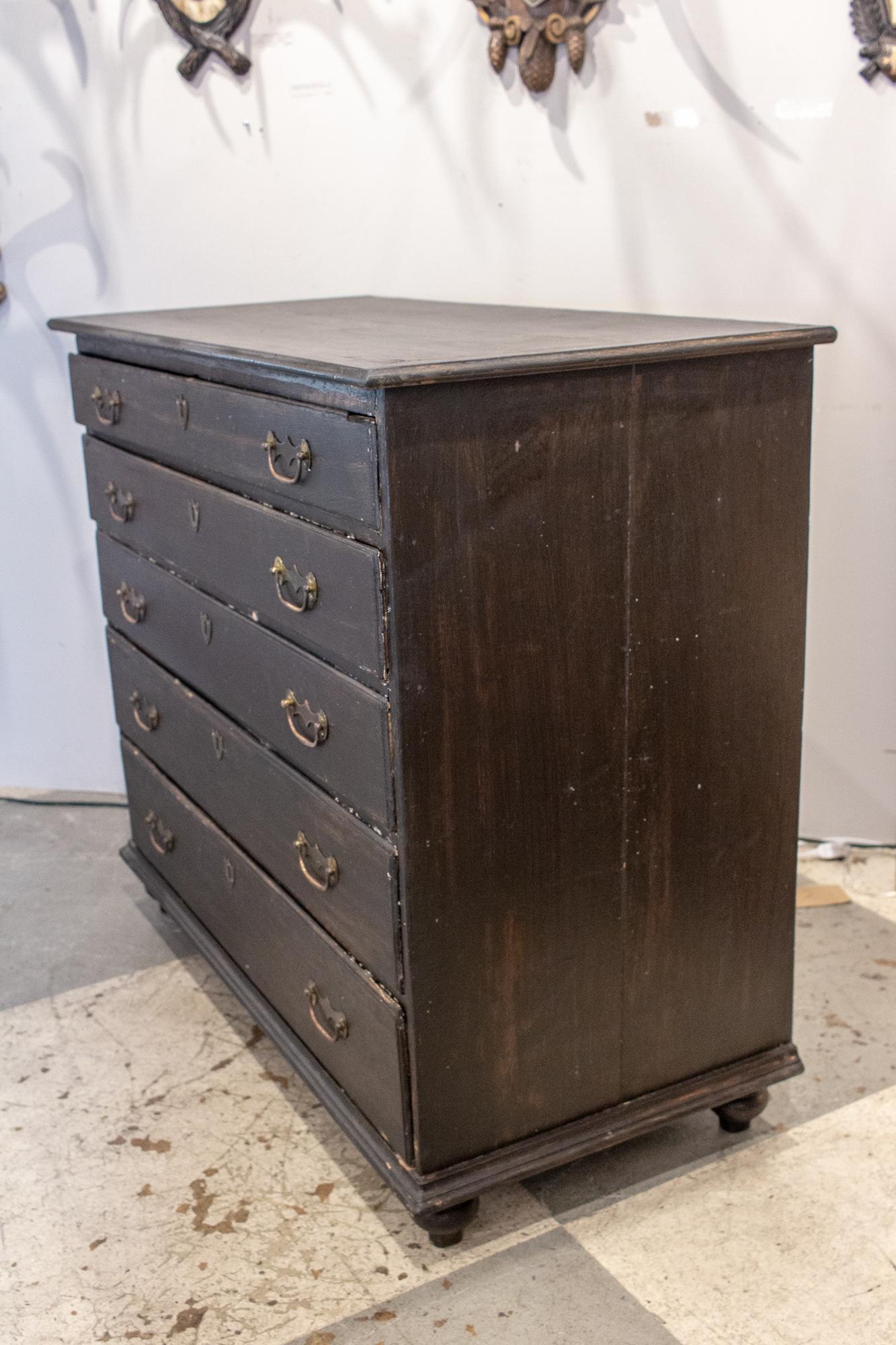 Early 20th Century Antique French Five-Drawer Commode in Distressed Black Finish, circa 1900