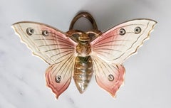 Antique French Fives Lille Majolica Pink Butterfly Wall Pocket, Circa 1900