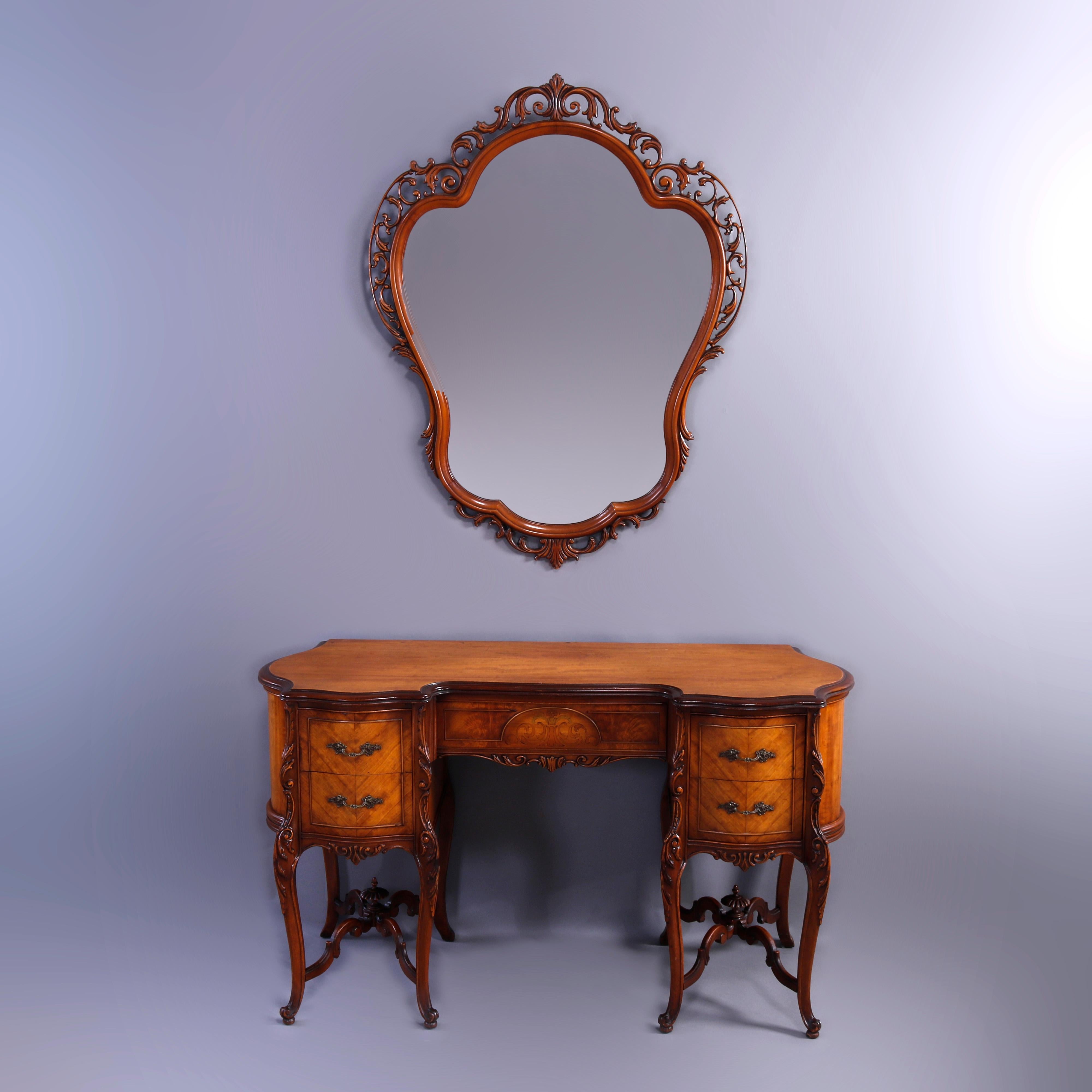 Inlay Antique French Flame Mahogany & Satinwood Marquetry Dressing Table Set, c1910