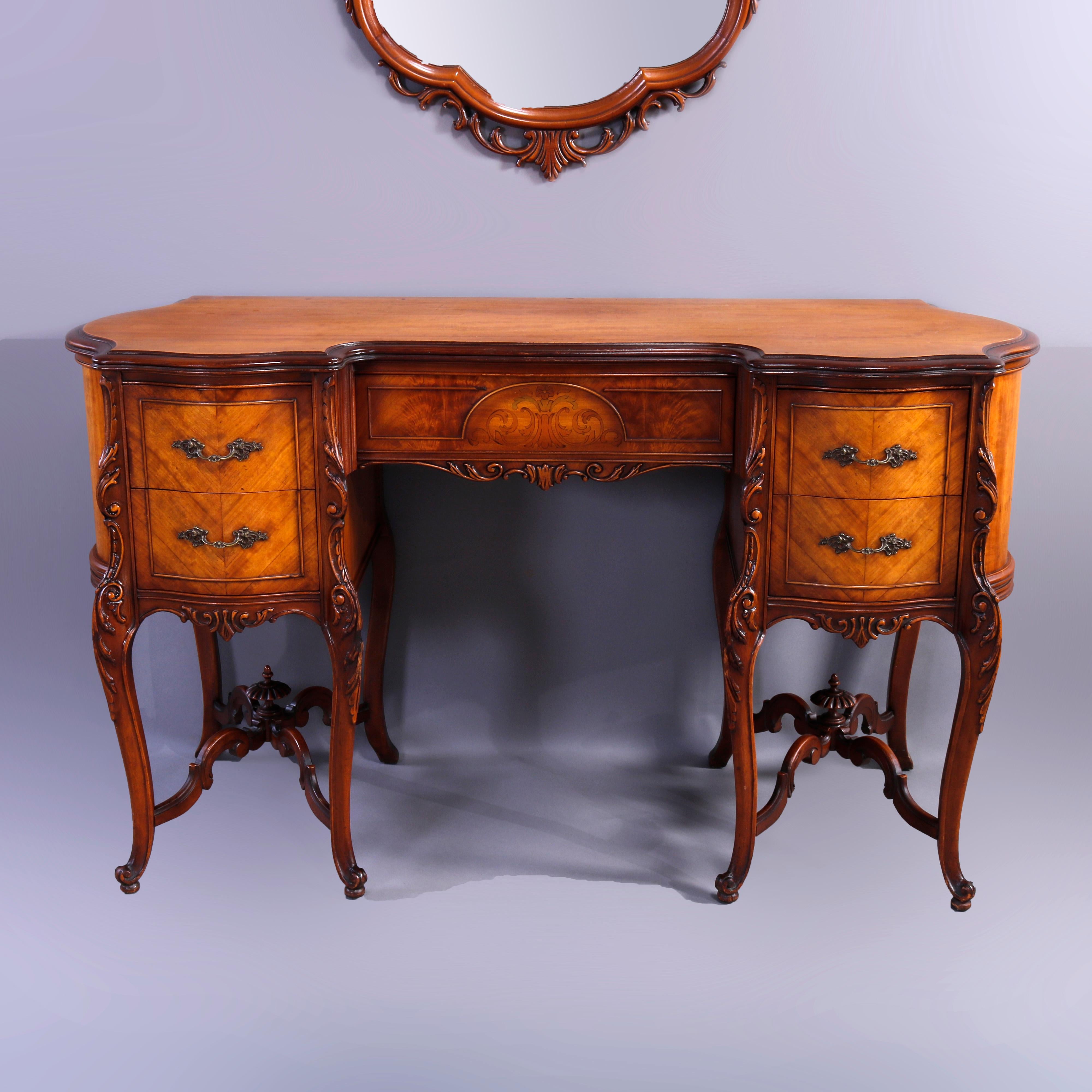 Antique French Flame Mahogany & Satinwood Marquetry Dressing Table Set, c1910 In Good Condition For Sale In Big Flats, NY