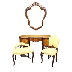 Antique French Flame Mahogany & Satinwood Marquetry Dressing Table Set, c1910