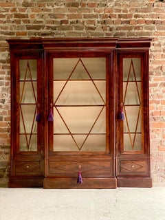 Antique French Flamed Mahogany Three-Door Glazed Breakfront Display Cabinet