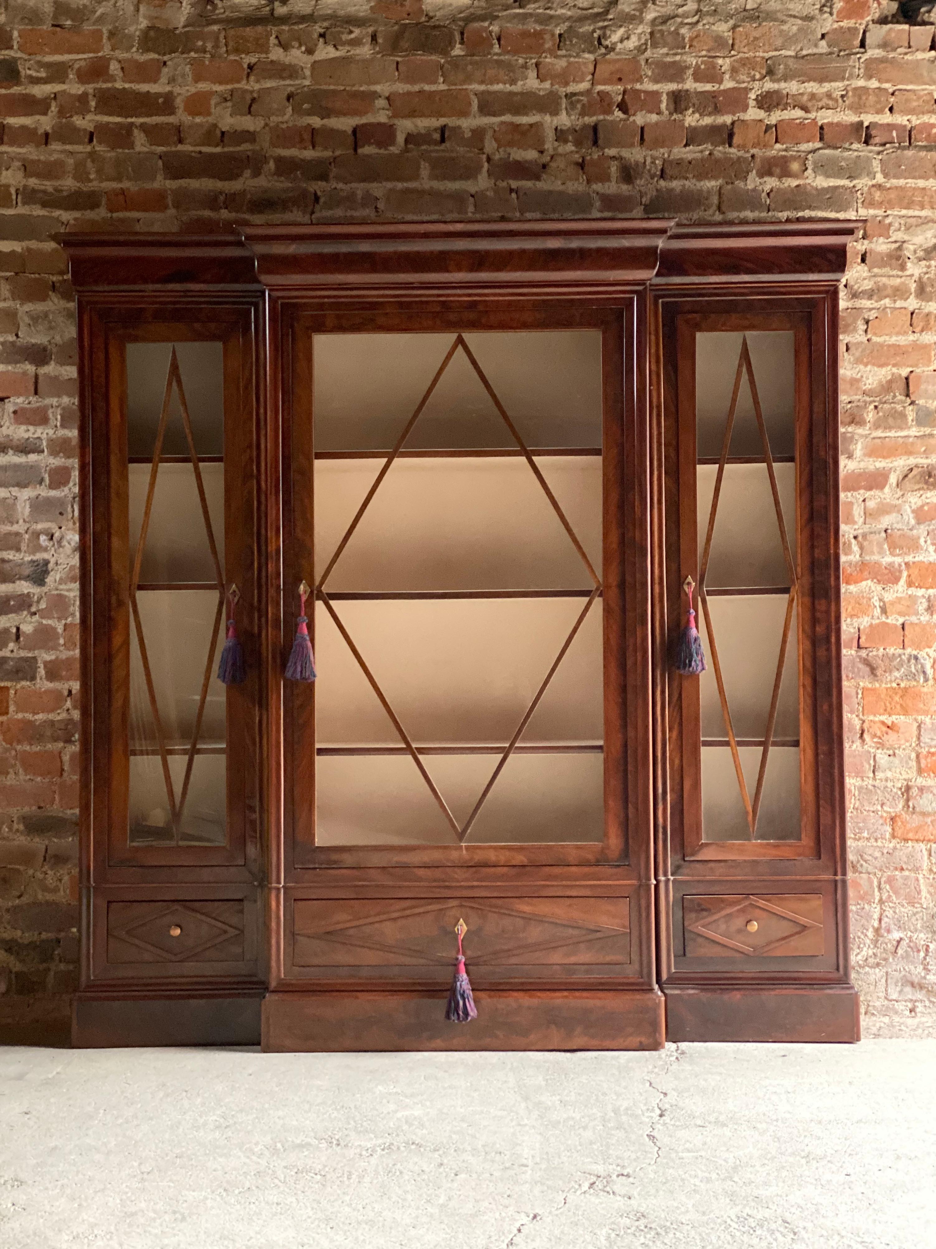 Victorian Antique French Flamed Mahogany Three-Door Glazed Breakfront Display Cabinet