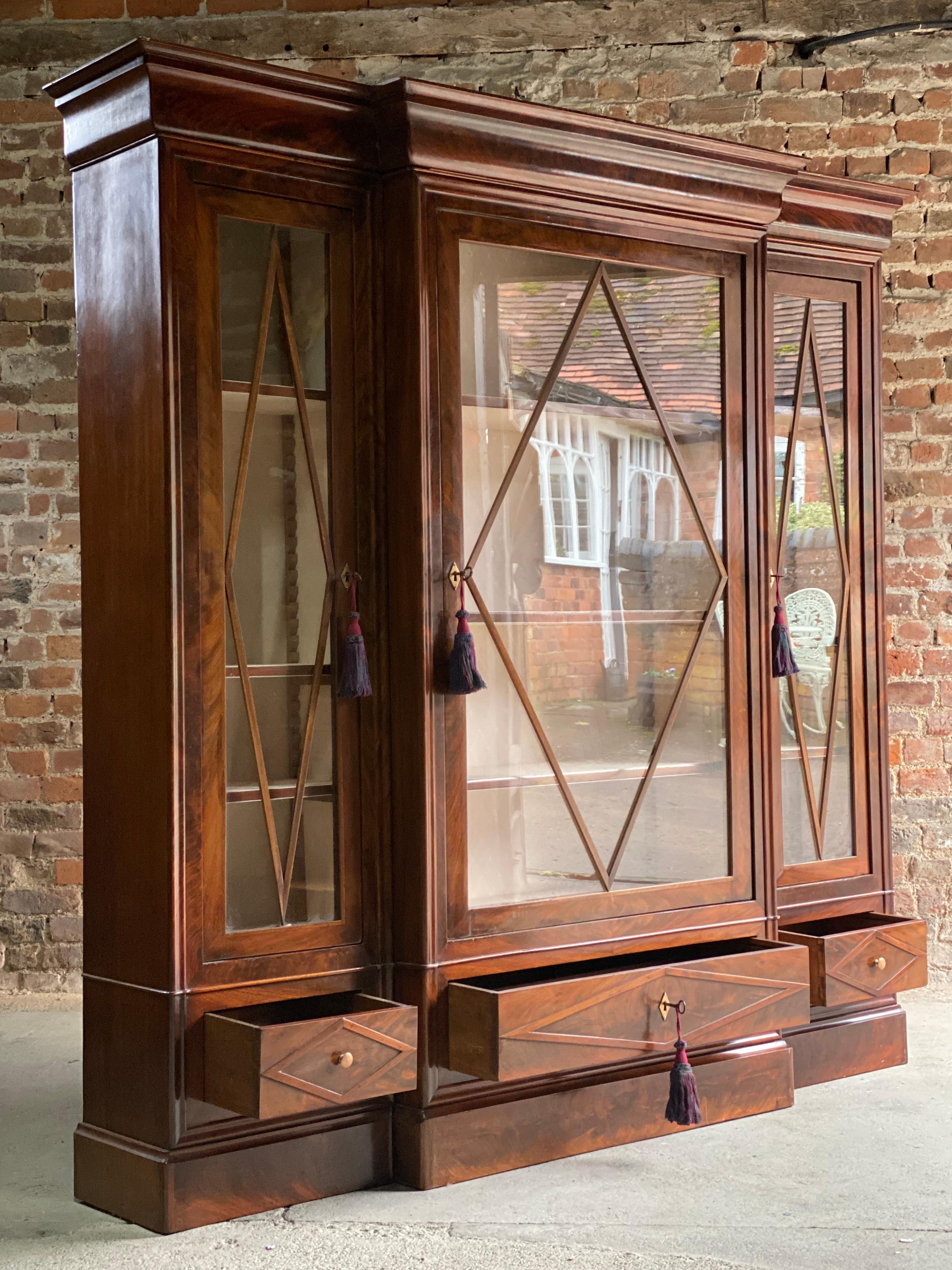 19th Century Antique French Flamed Mahogany Three-Door Glazed Breakfront Display Cabinet