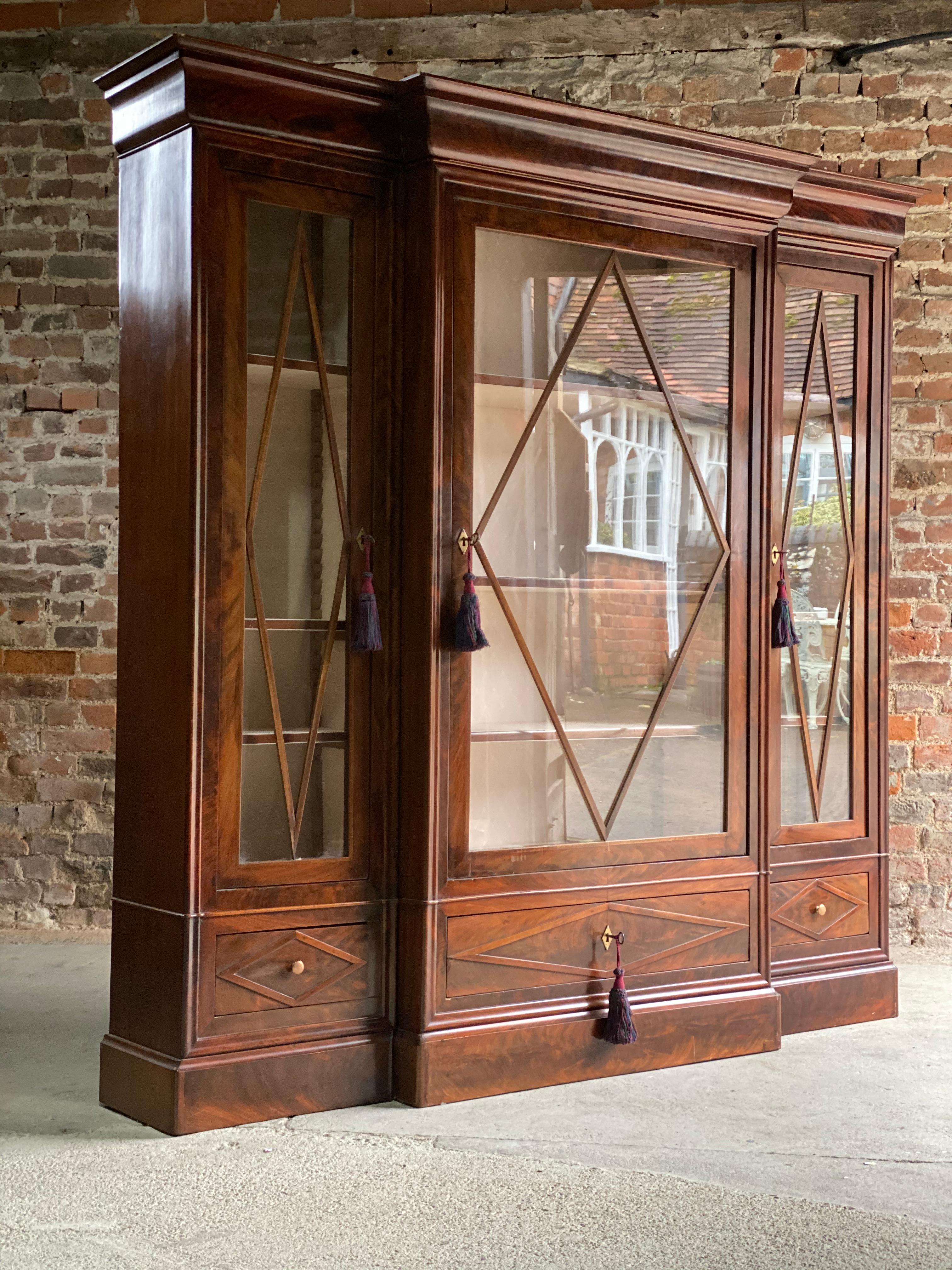 Antique French Flamed Mahogany Three-Door Glazed Breakfront Display Cabinet 1