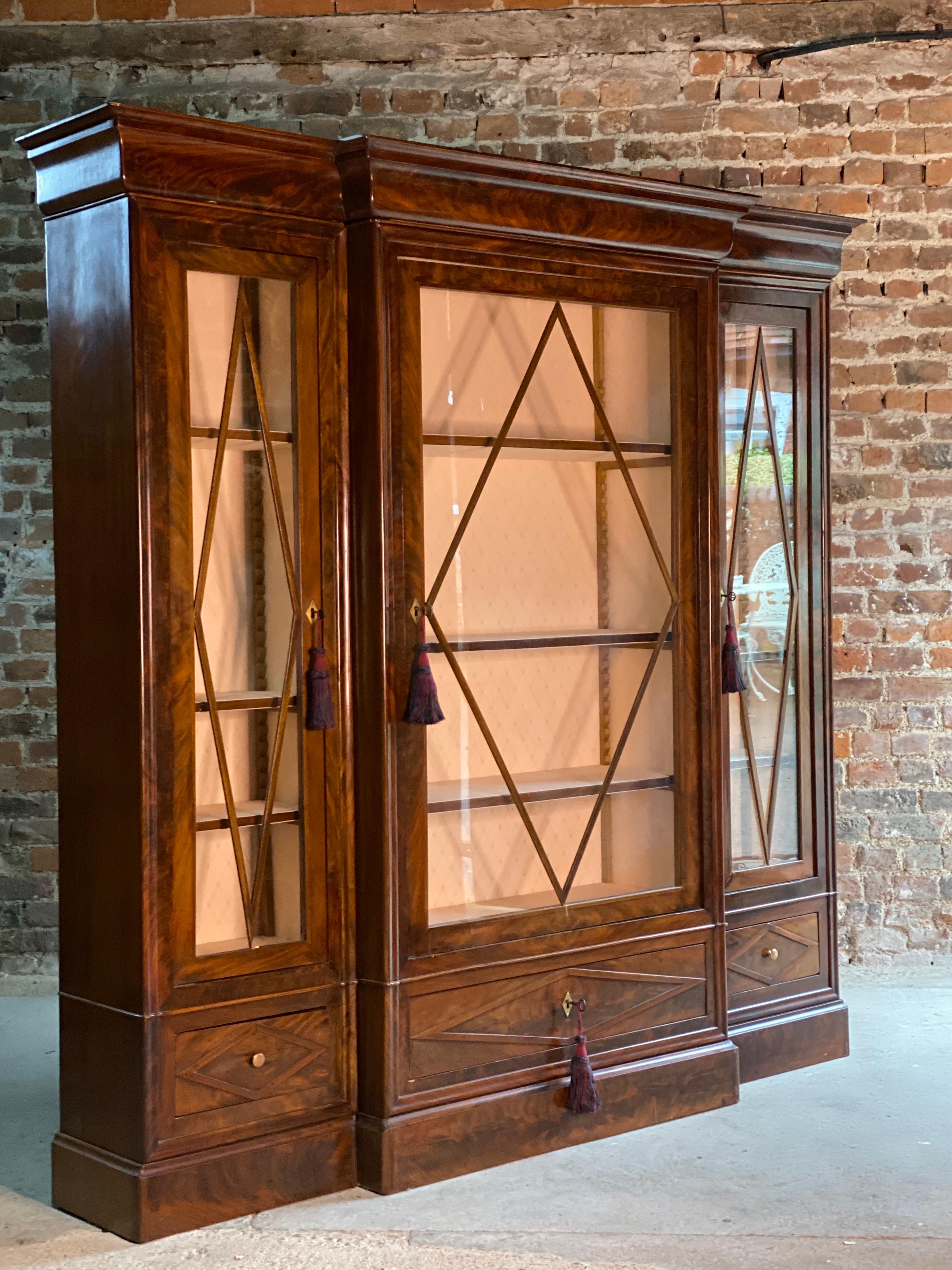 Antique French Flamed Mahogany Three-Door Glazed Breakfront Display Cabinet 2