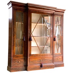Antique French Flamed Mahogany Three-Door Glazed Breakfront Display Cabinet