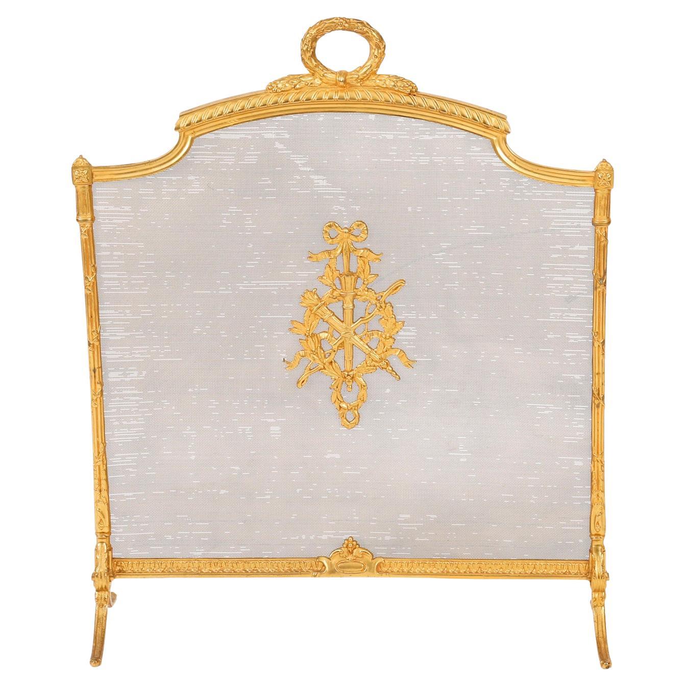 Antique French Flaming Torch Gilt Bronze Fire Screen 20th Century en vente