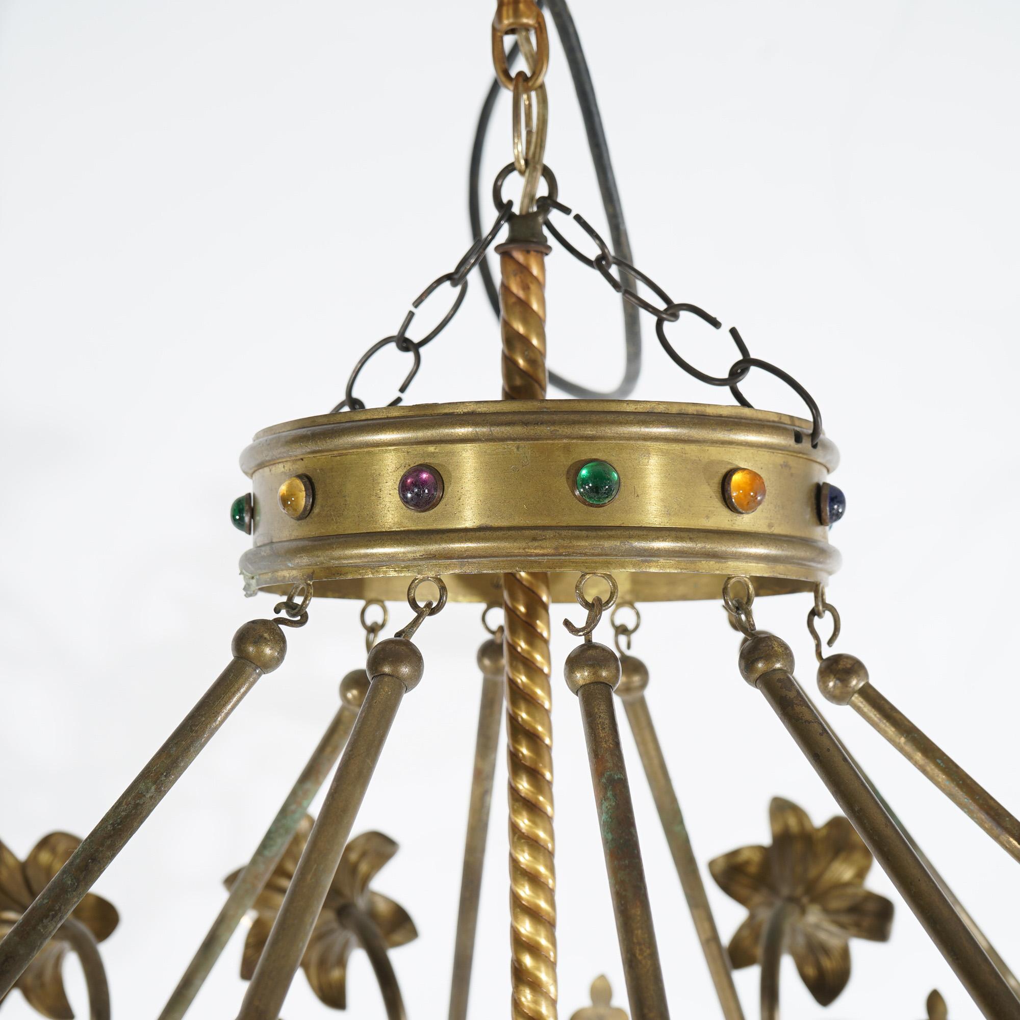 Antique French Fleur-de-Lis Design Brass & Jeweled Twelve-Light Chandelier C1930 For Sale 5
