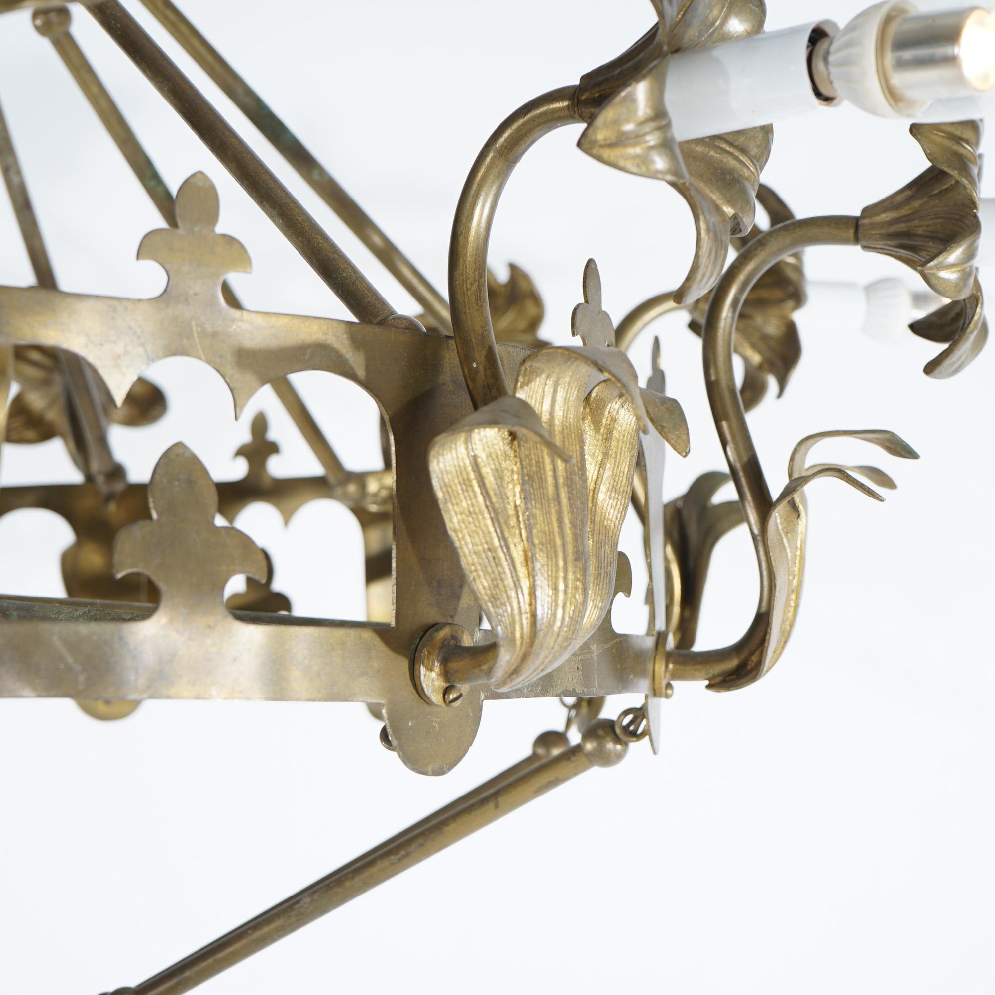 Antique French Fleur-de-Lis Design Brass & Jeweled Twelve-Light Chandelier C1930 For Sale 8