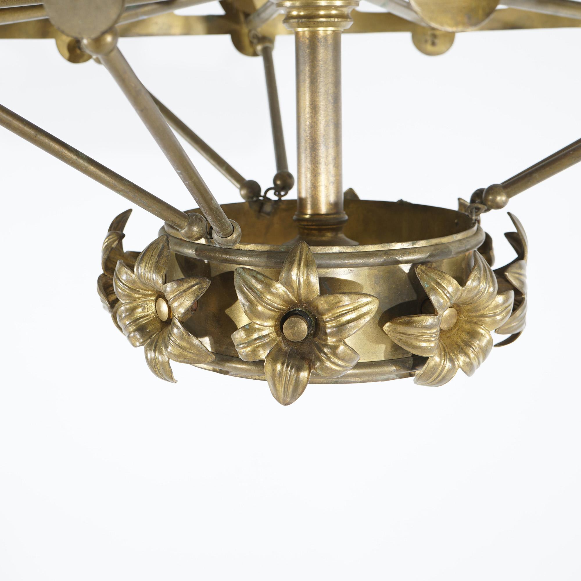 Antique French Fleur-de-Lis Design Brass & Jeweled Twelve-Light Chandelier C1930 For Sale 9