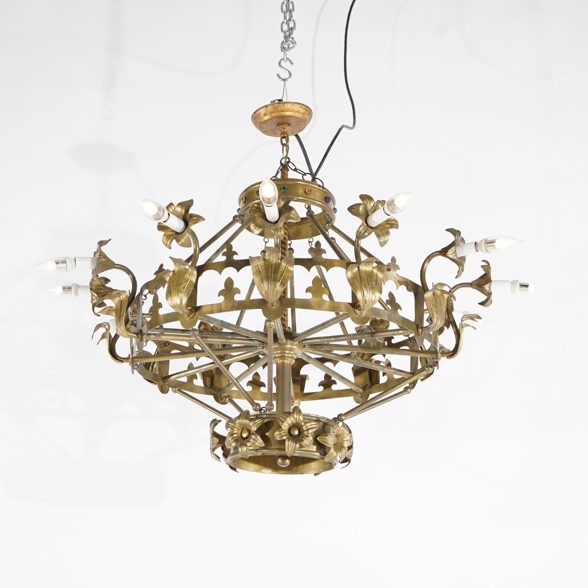 American Antique French Fleur-de-Lis Design Brass & Jeweled Twelve-Light Chandelier C1930 For Sale
