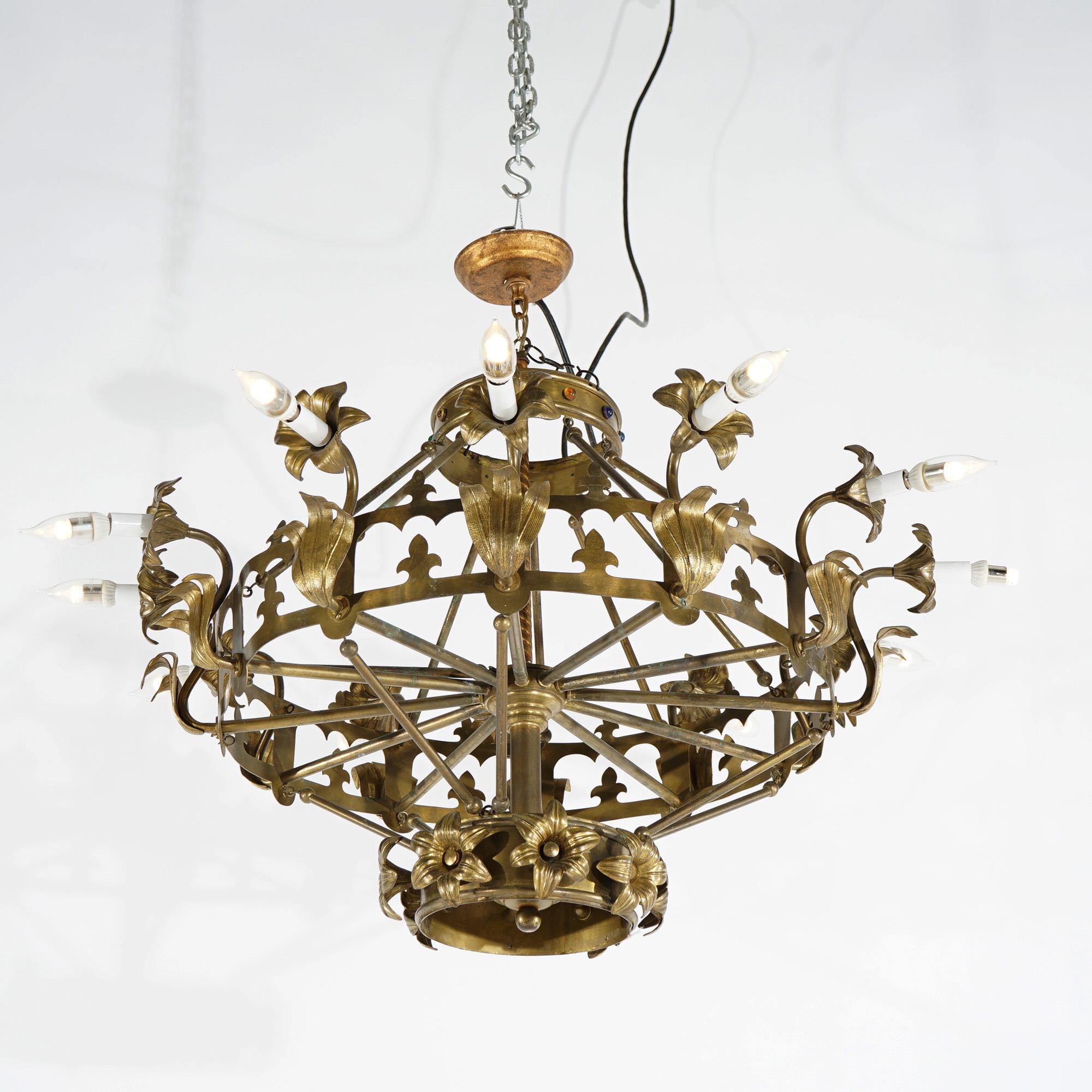Antique French Fleur-de-Lis Design Brass & Jeweled Twelve-Light Chandelier C1930 In Good Condition For Sale In Big Flats, NY