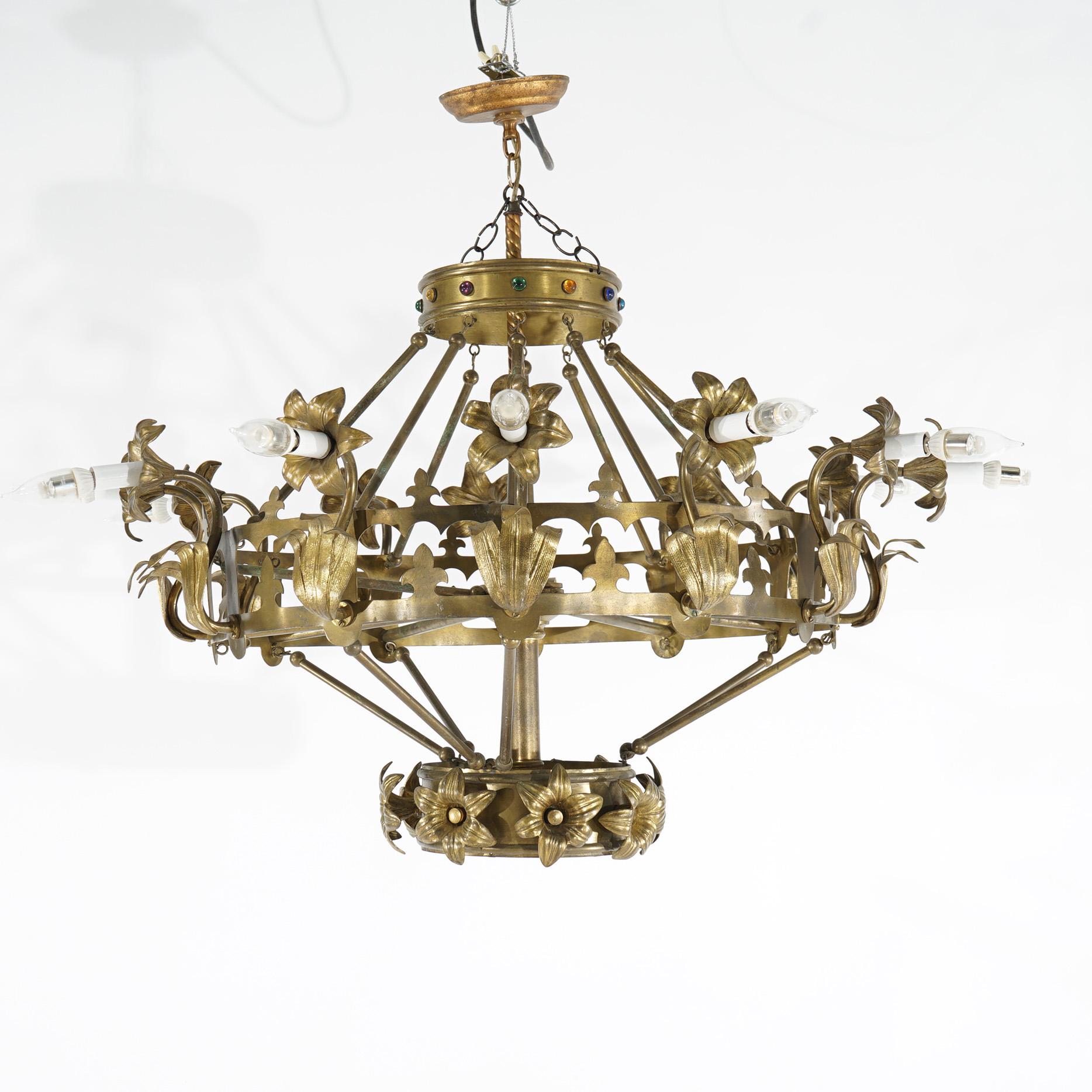20th Century Antique French Fleur-de-Lis Design Brass & Jeweled Twelve-Light Chandelier C1930 For Sale