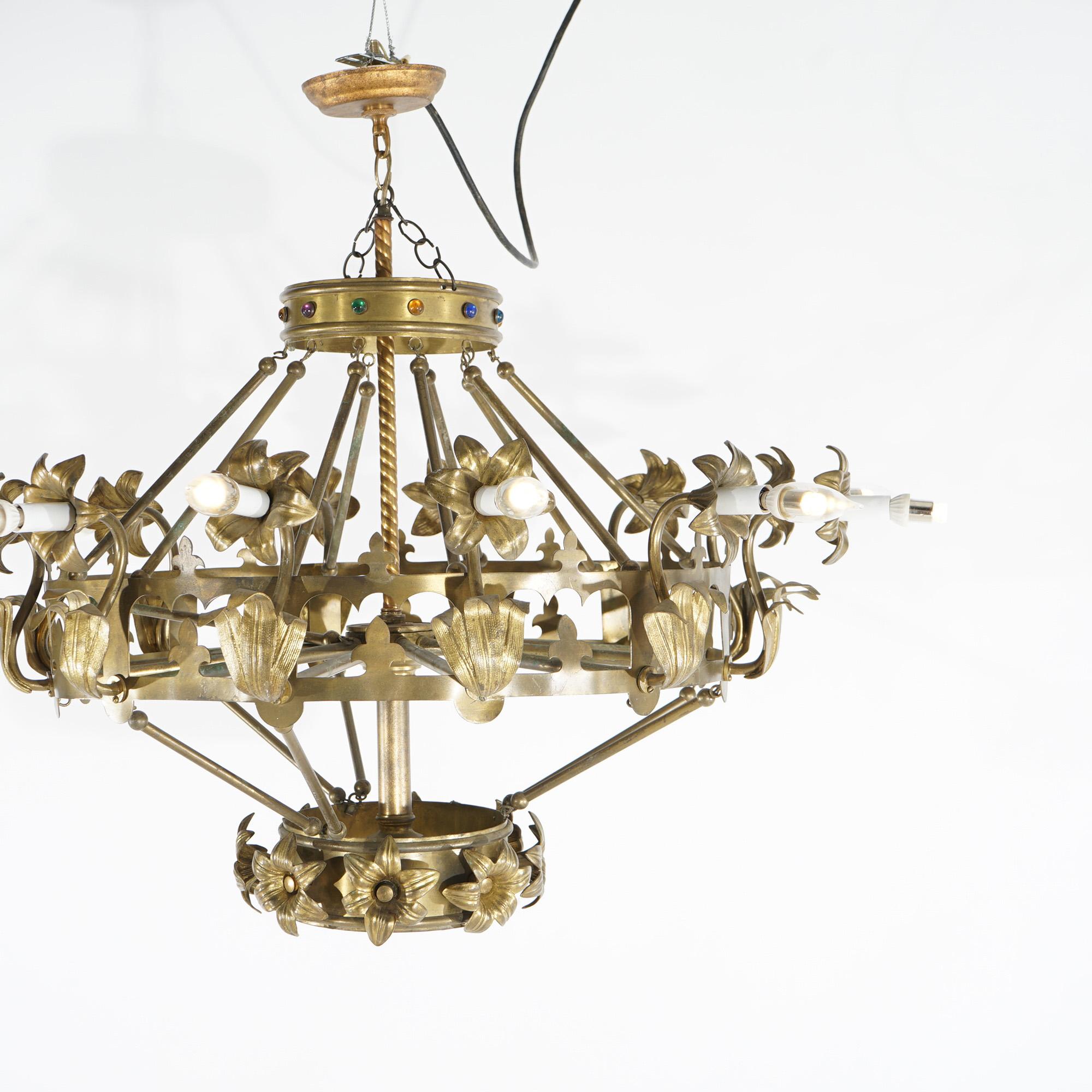 Antique French Fleur-de-Lis Design Brass & Jeweled Twelve-Light Chandelier C1930 For Sale 1