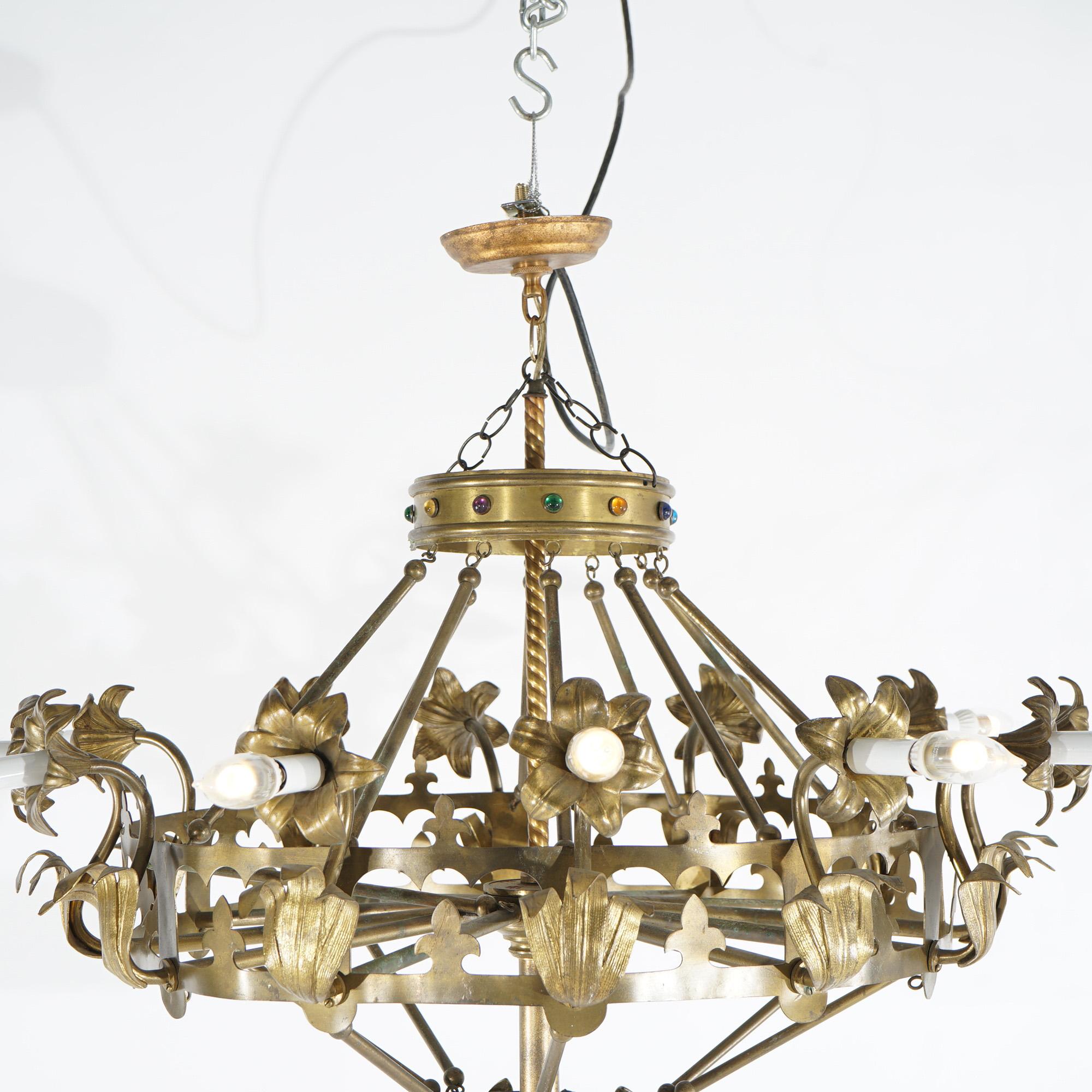 Antique French Fleur-de-Lis Design Brass & Jeweled Twelve-Light Chandelier C1930 For Sale 2