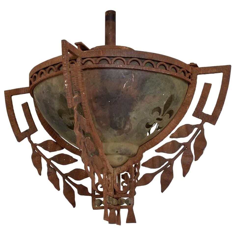 1930s French Fleur-de-Lis Pendant Lamp Forged Iron and Steel Mexico For Sale