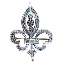 Antique French Fleur de Lys Diamond Brooch 18K Gold/Silver Setting c.1900