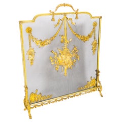 Antique French Floral and Musical Trophy Gilt Bronze Fire Screen 19th Century