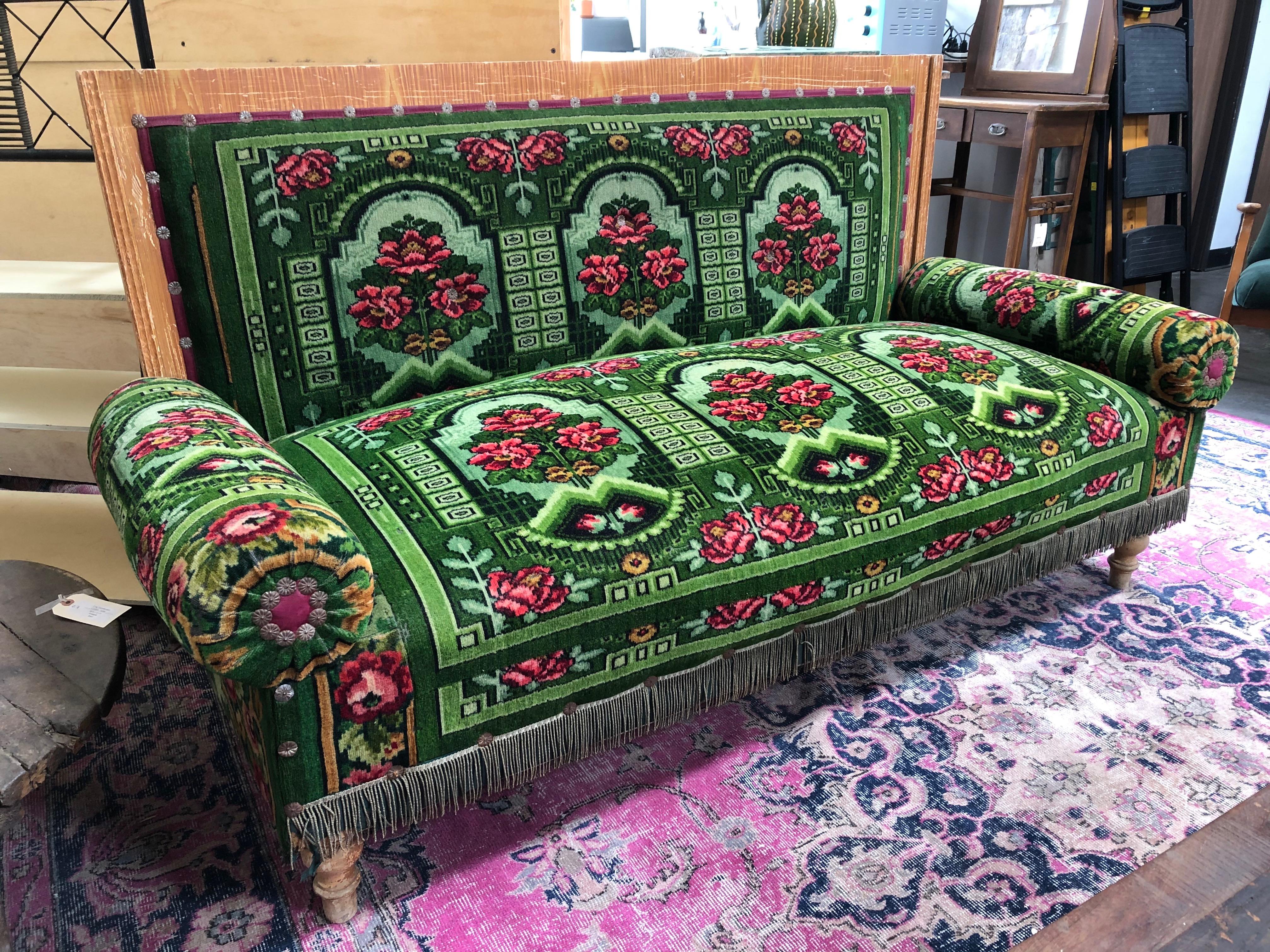 Rococo Antique French Floral Green Settee Sofa